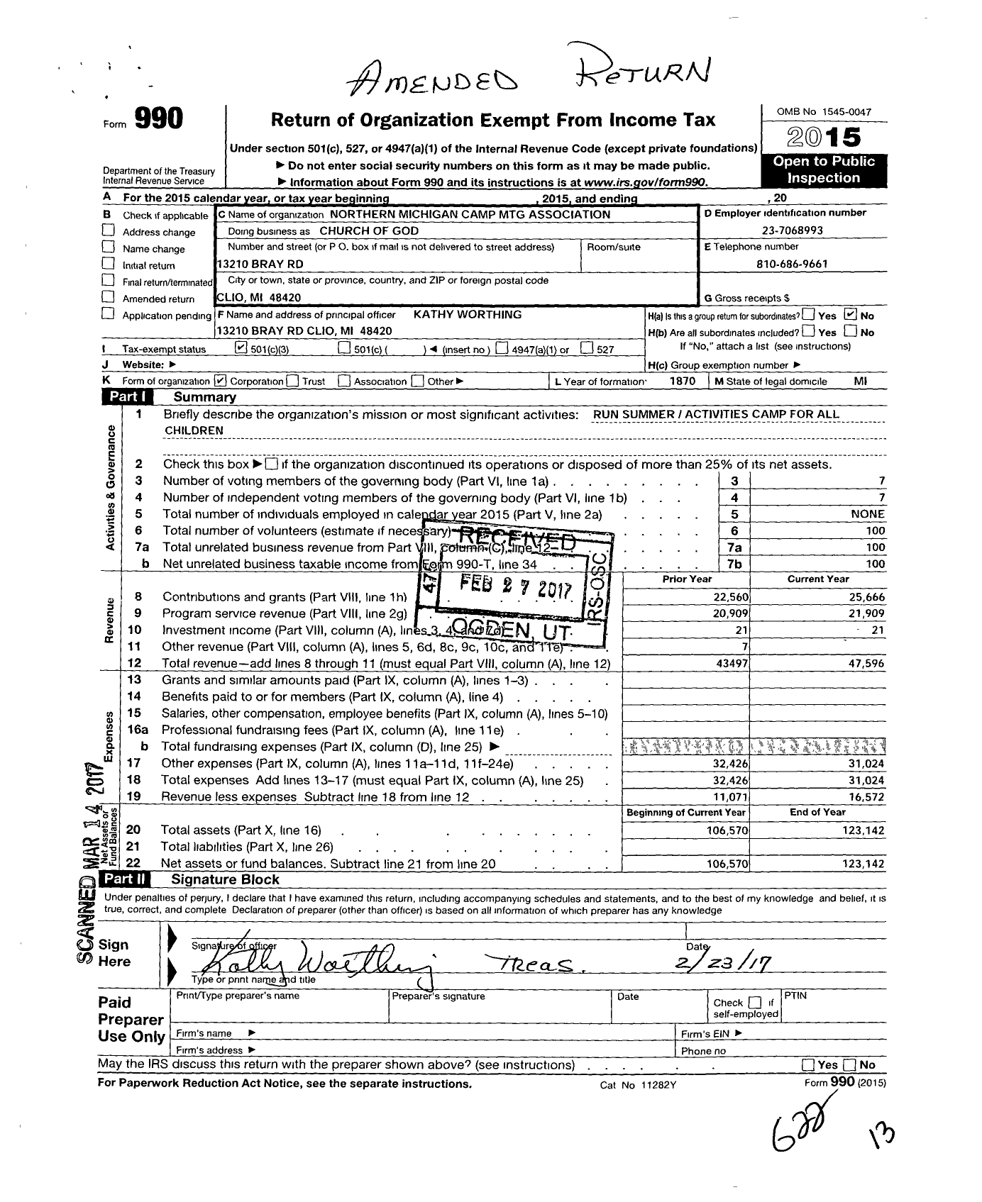 Image of first page of 2015 Form 990 for Northern Michigan Camp Meeting Association of the Church of God