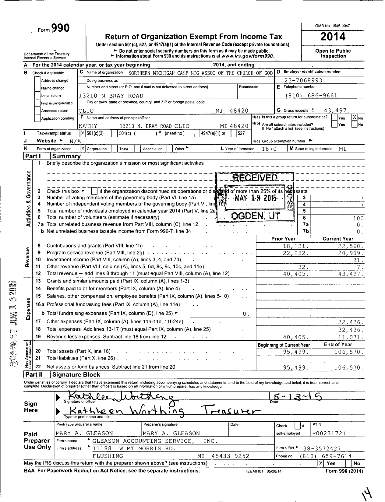 Image of first page of 2014 Form 990 for Northern Michigan Camp Meeting Association of the Church of God