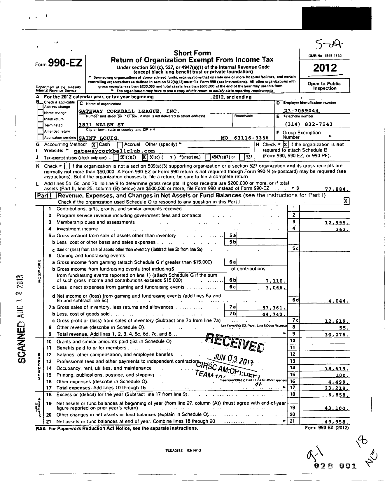 Image of first page of 2012 Form 990EO for Gateway Corkball League