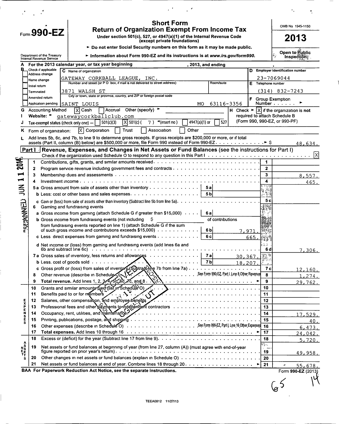 Image of first page of 2013 Form 990EO for Gateway Corkball League