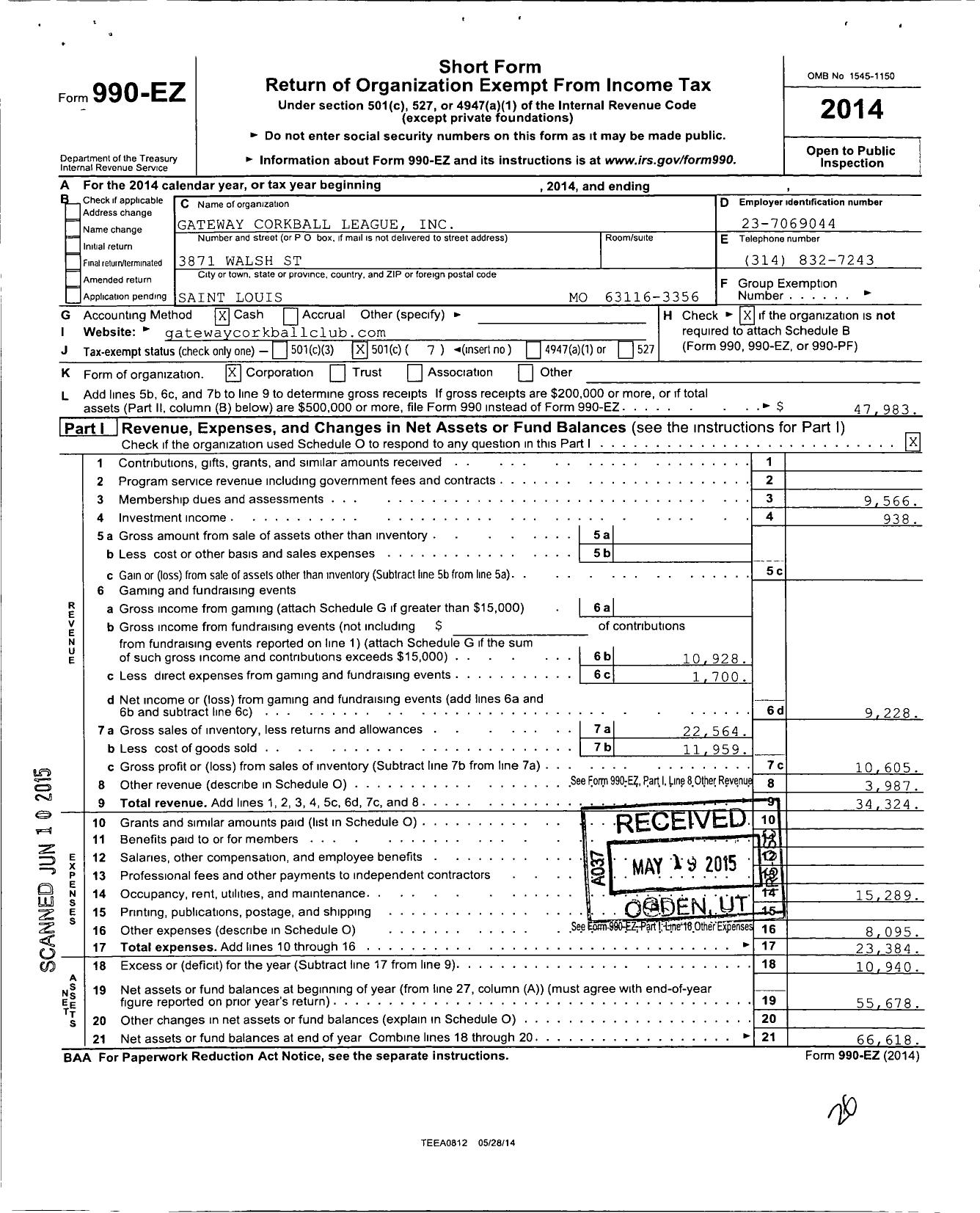 Image of first page of 2014 Form 990EO for Gateway Corkball League