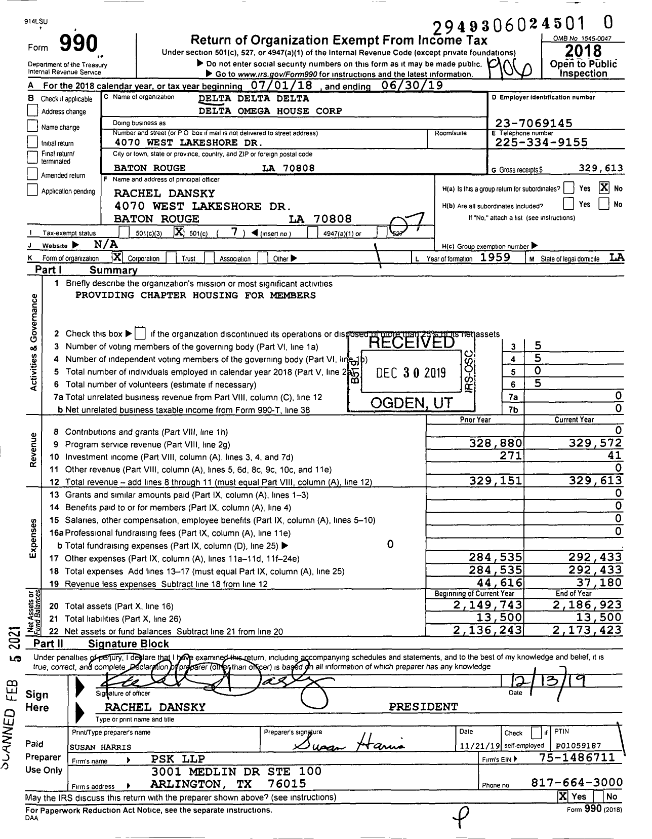 Image of first page of 2018 Form 990O for Delta Delta Delta Omega House Corporation