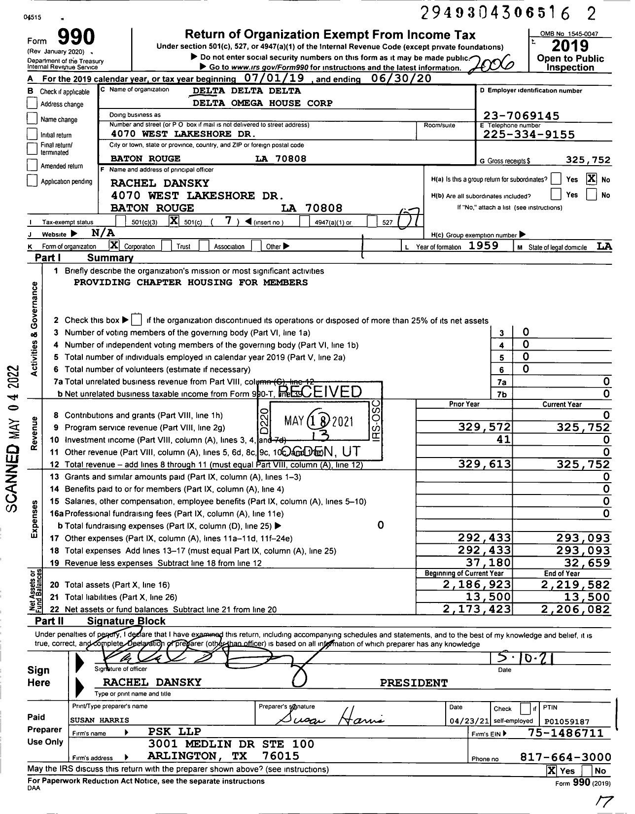 Image of first page of 2019 Form 990O for Delta Delta Delta Omega House Corporation