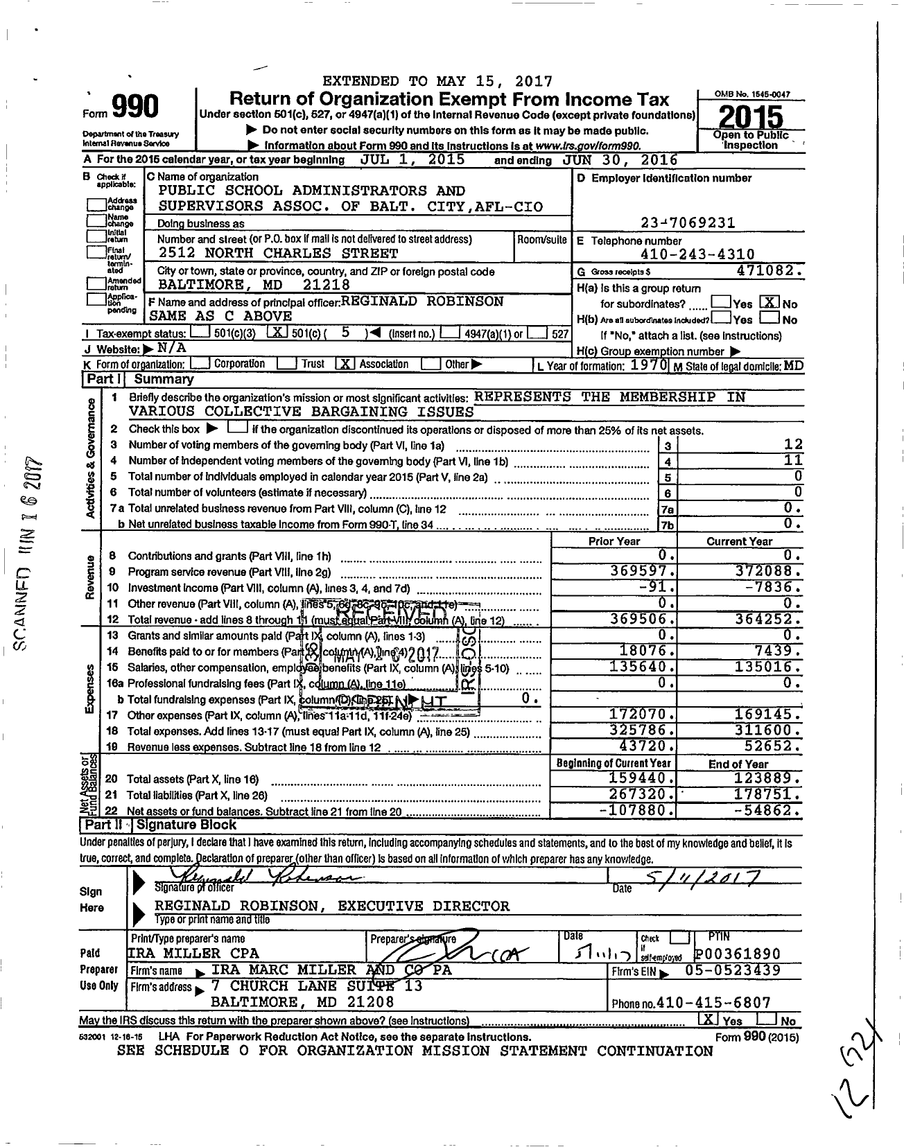 Image of first page of 2015 Form 990O for Public School Administrators and Supervisors Association of Baltimore