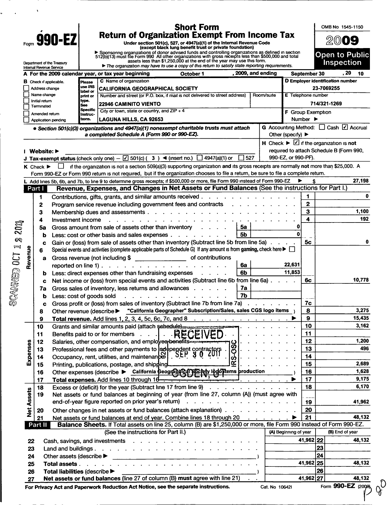 Image of first page of 2009 Form 990EZ for California Geographical Society