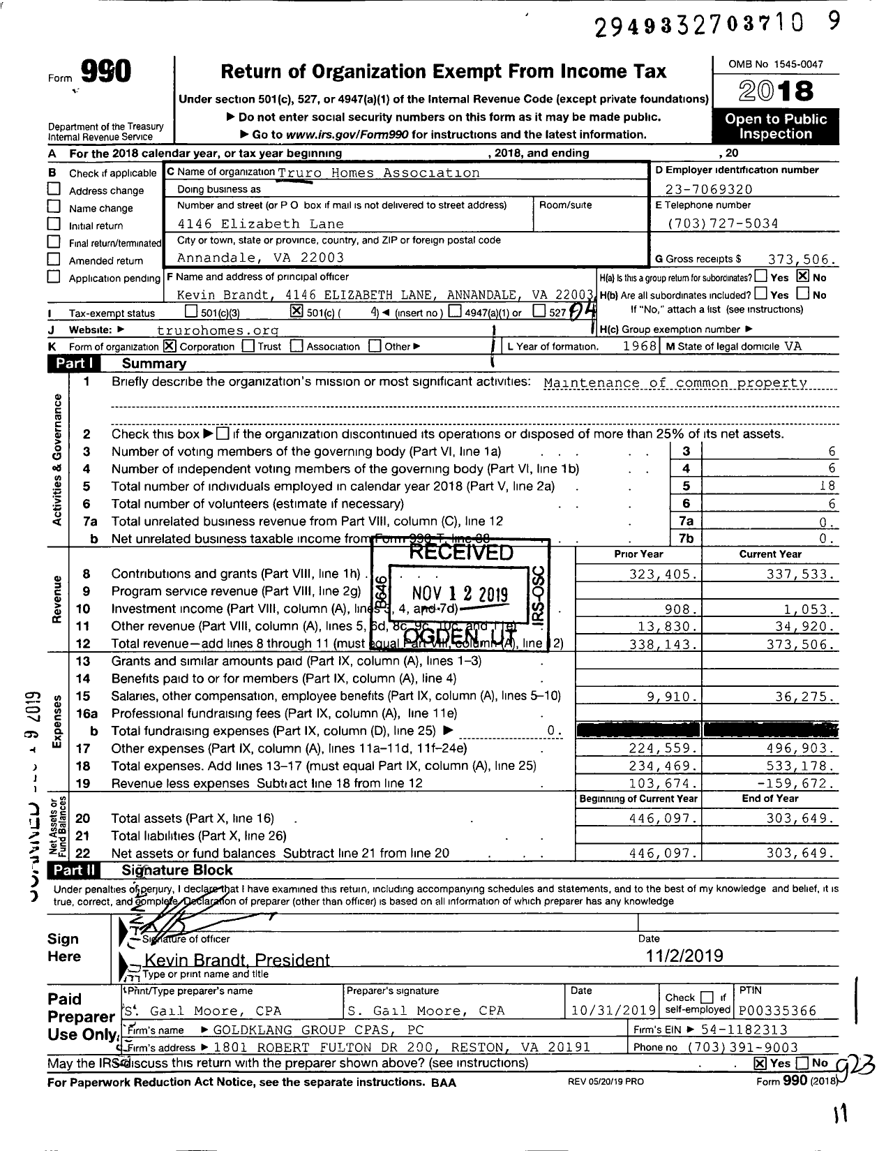 Image of first page of 2018 Form 990O for Truro Homes Association