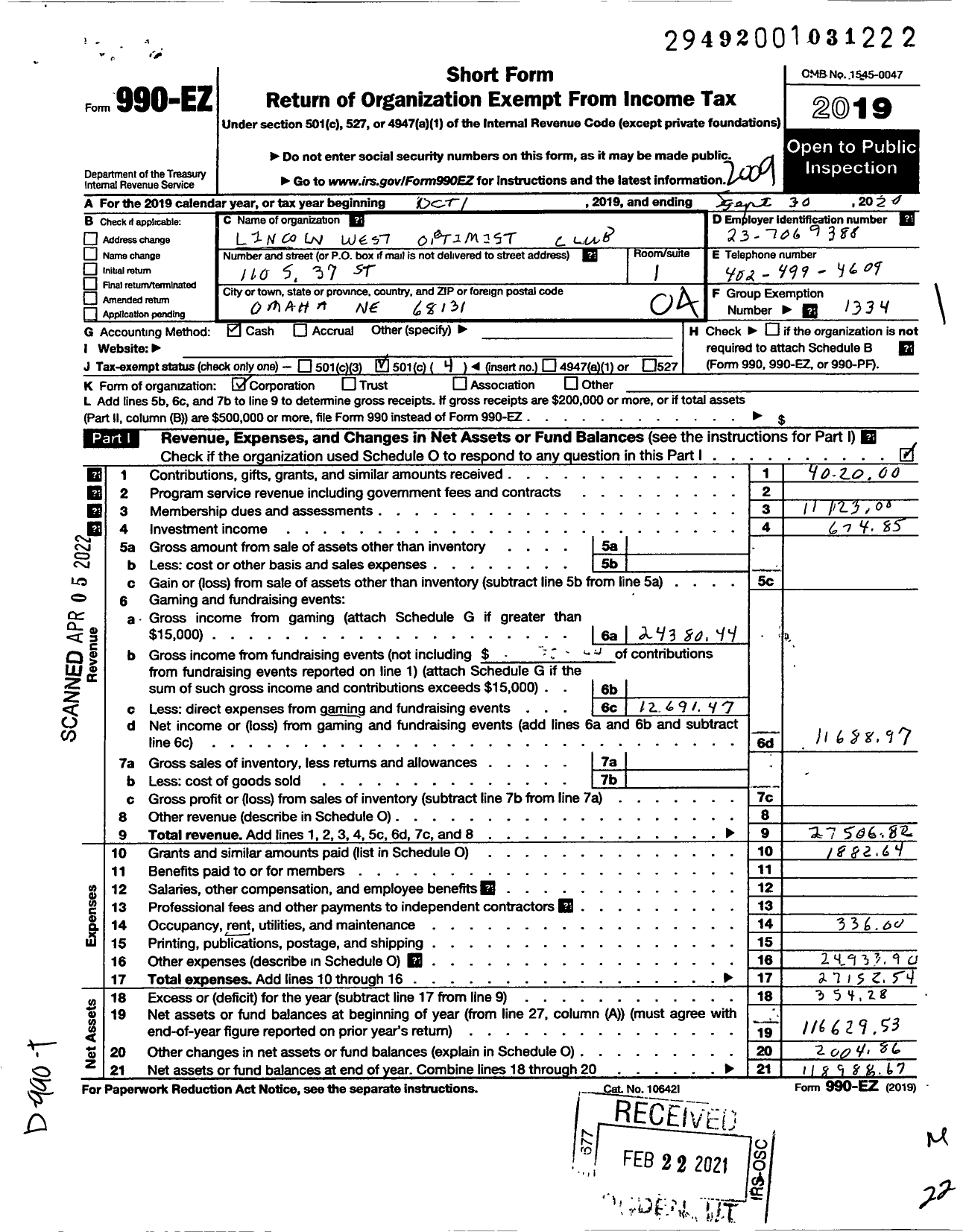 Image of first page of 2019 Form 990EO for Optimist International - 10056 Oc of Lincoln Lincoln West Ne