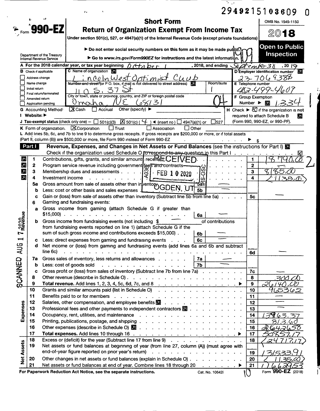 Image of first page of 2018 Form 990EO for Optimist International - 10056 Oc of Lincoln Lincoln West Ne