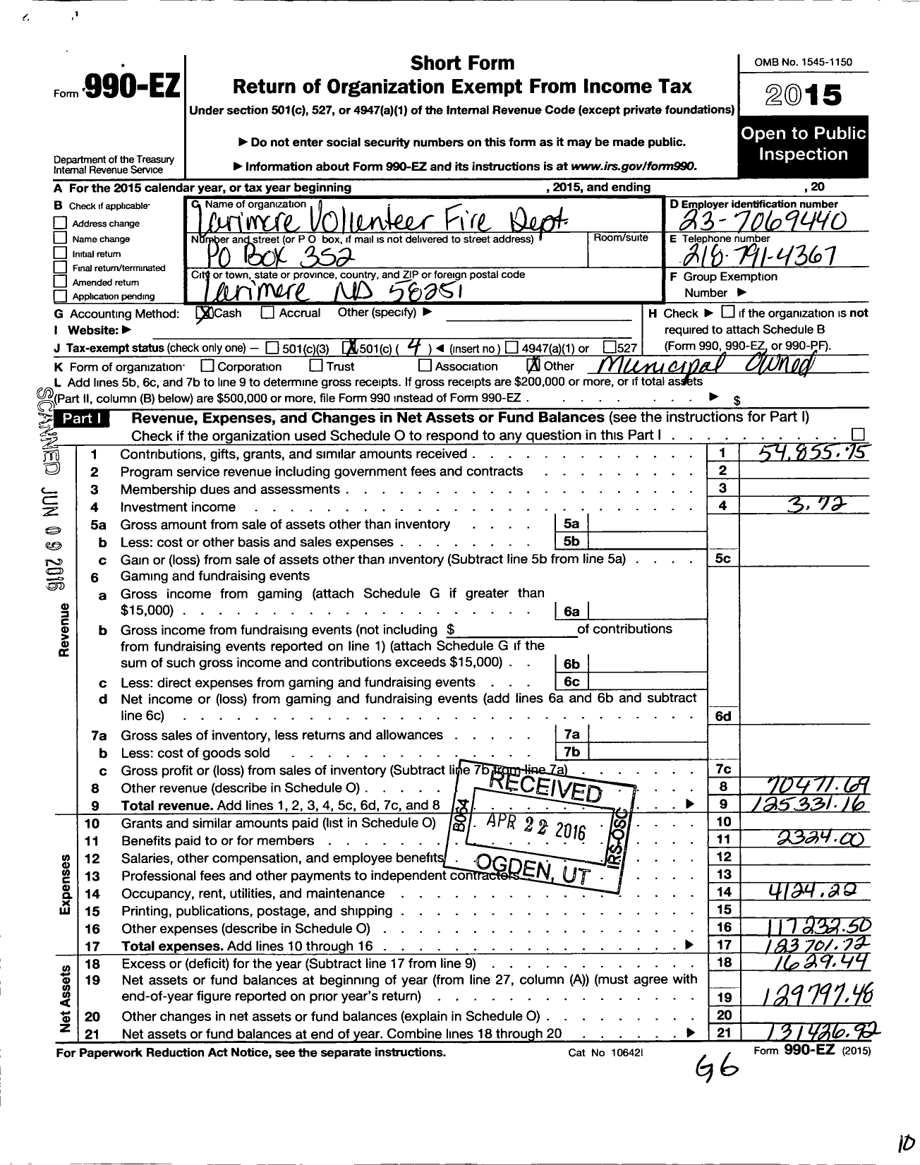 Image of first page of 2015 Form 990EO for Larimore Volunteer Fire Dept