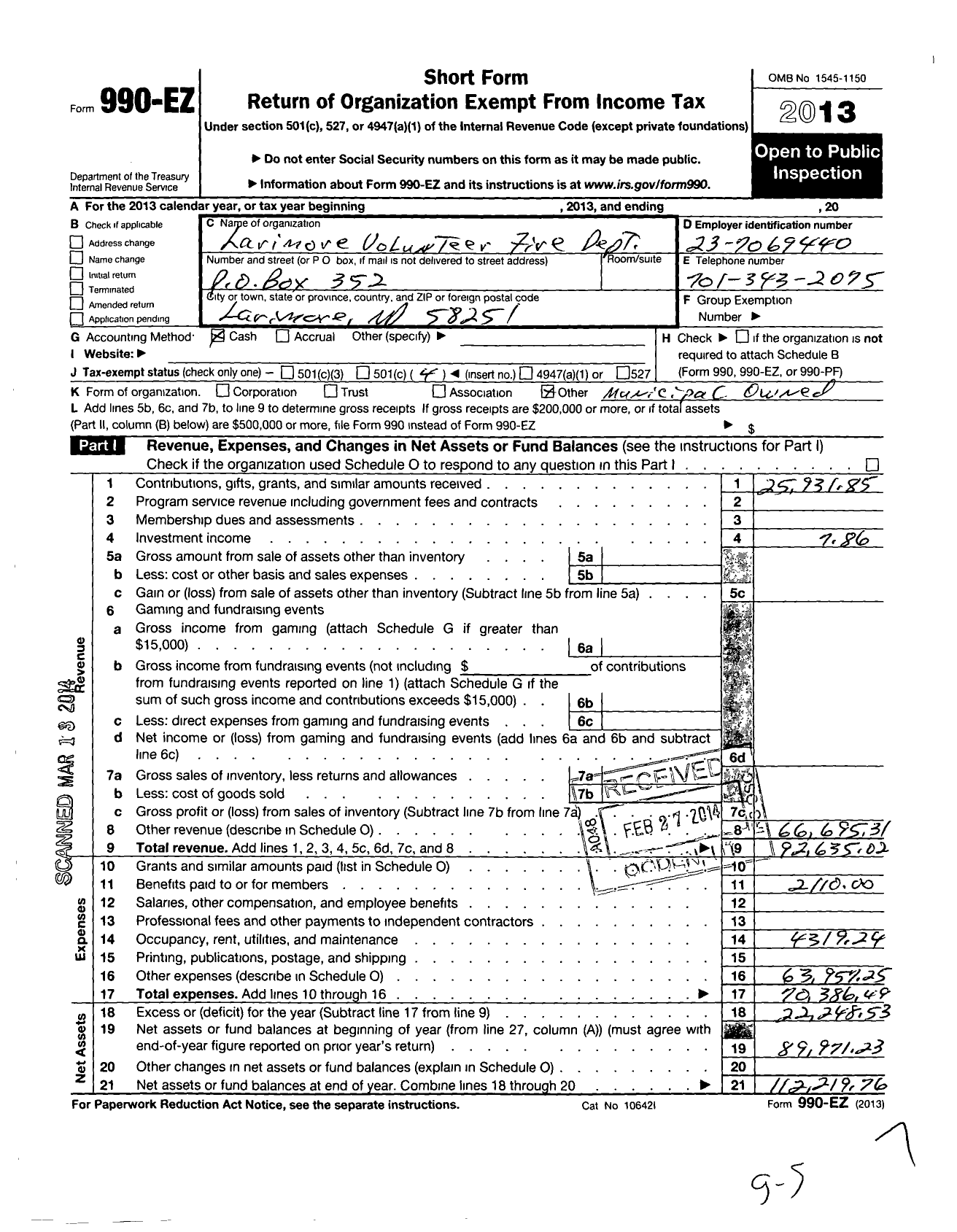 Image of first page of 2013 Form 990EO for Larimore Volunteer Fire Dept