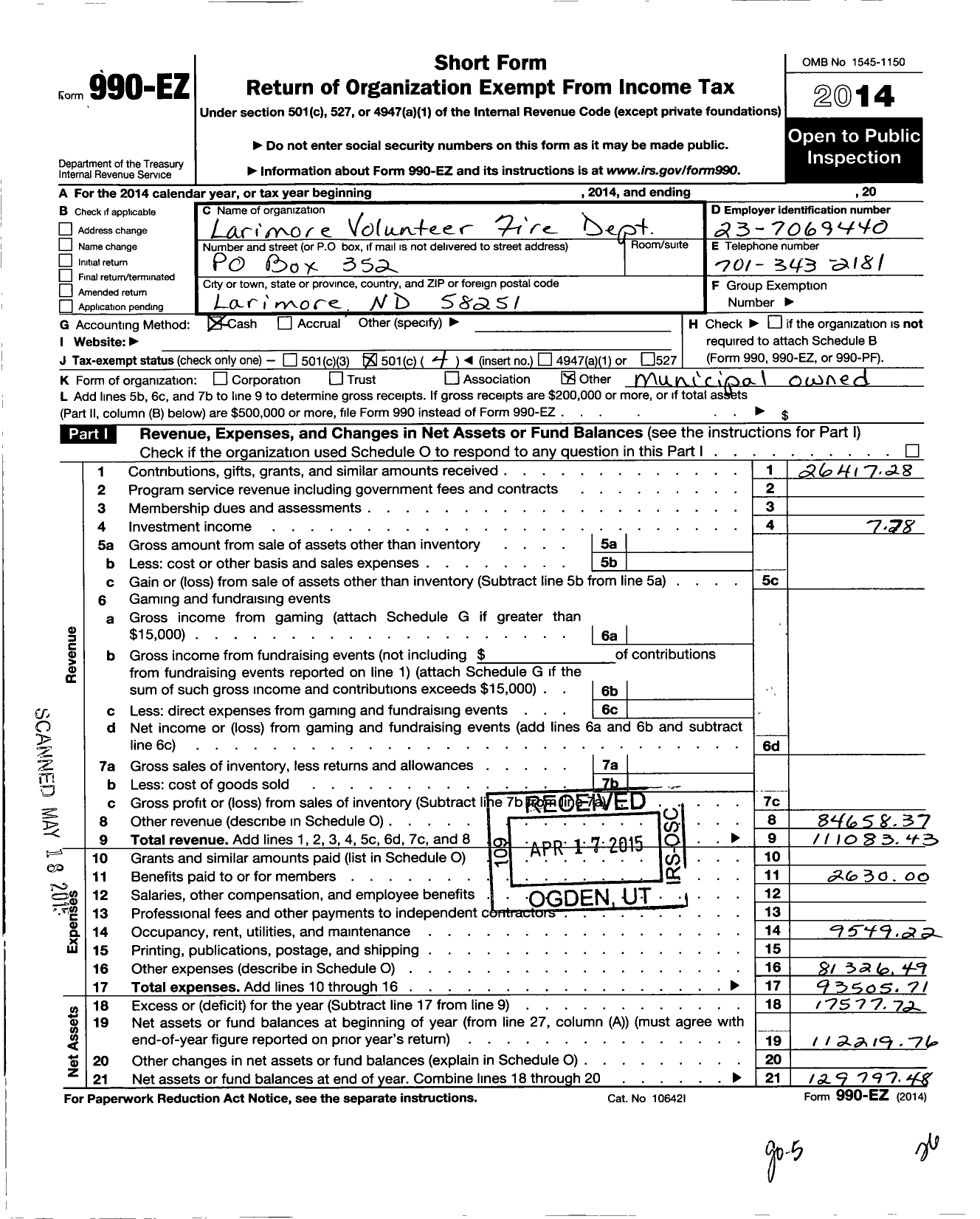 Image of first page of 2014 Form 990EO for Larimore Volunteer Fire Dept