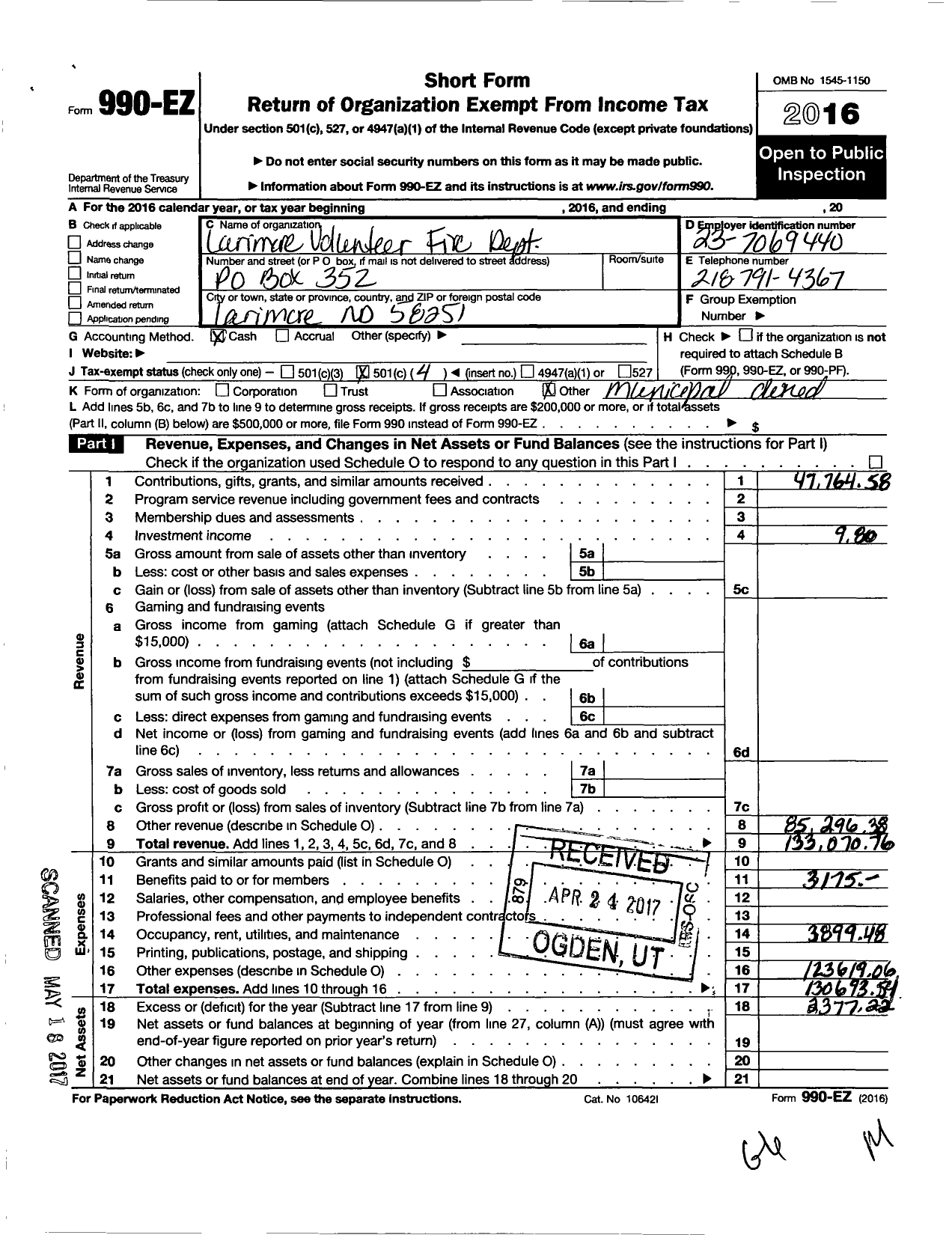 Image of first page of 2016 Form 990EO for Larimore Volunteer Fire Dept