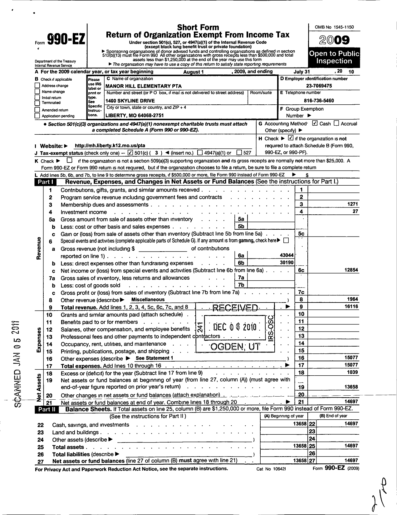 Image of first page of 2009 Form 990EZ for PTA Missouri Congress / Manor Hill Elementary PTA