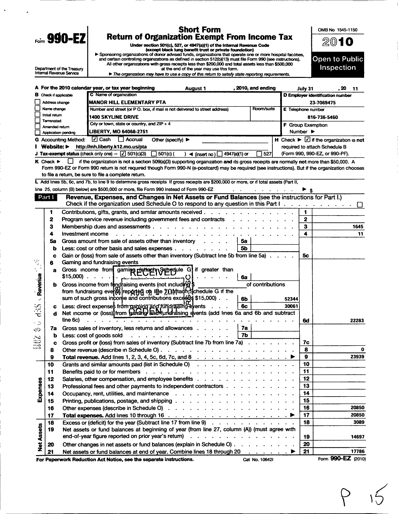 Image of first page of 2010 Form 990EZ for PTA Missouri Congress / Manor Hill Elementary PTA