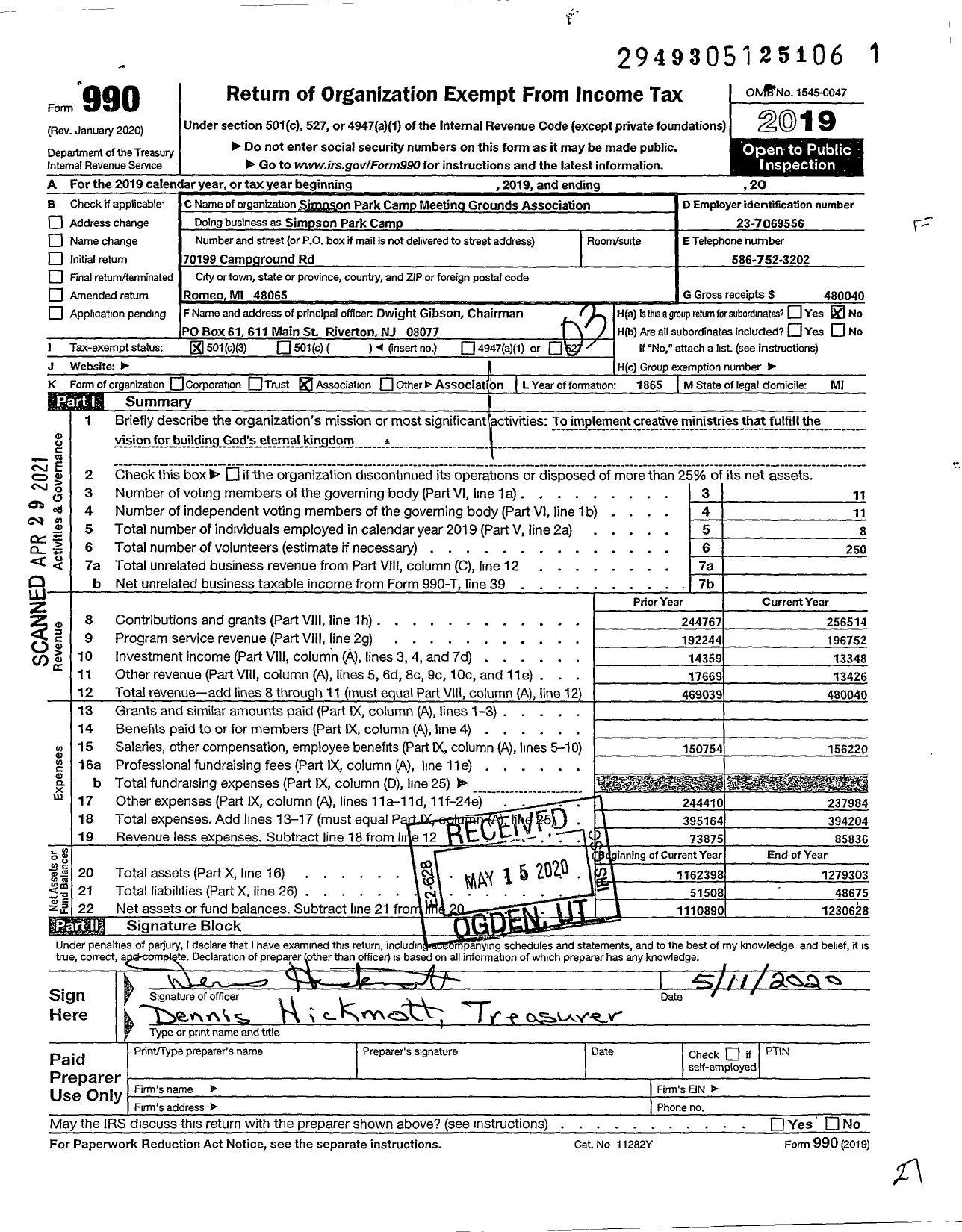 Image of first page of 2019 Form 990 for Simpson Park Camp Meeting Grounds Association