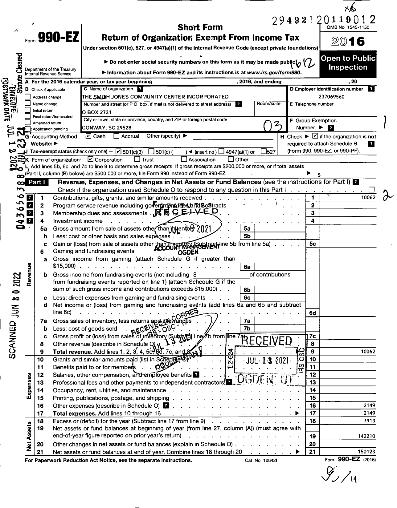 Image of first page of 2016 Form 990EZ for The Smith-Jones Community Center Incorporated