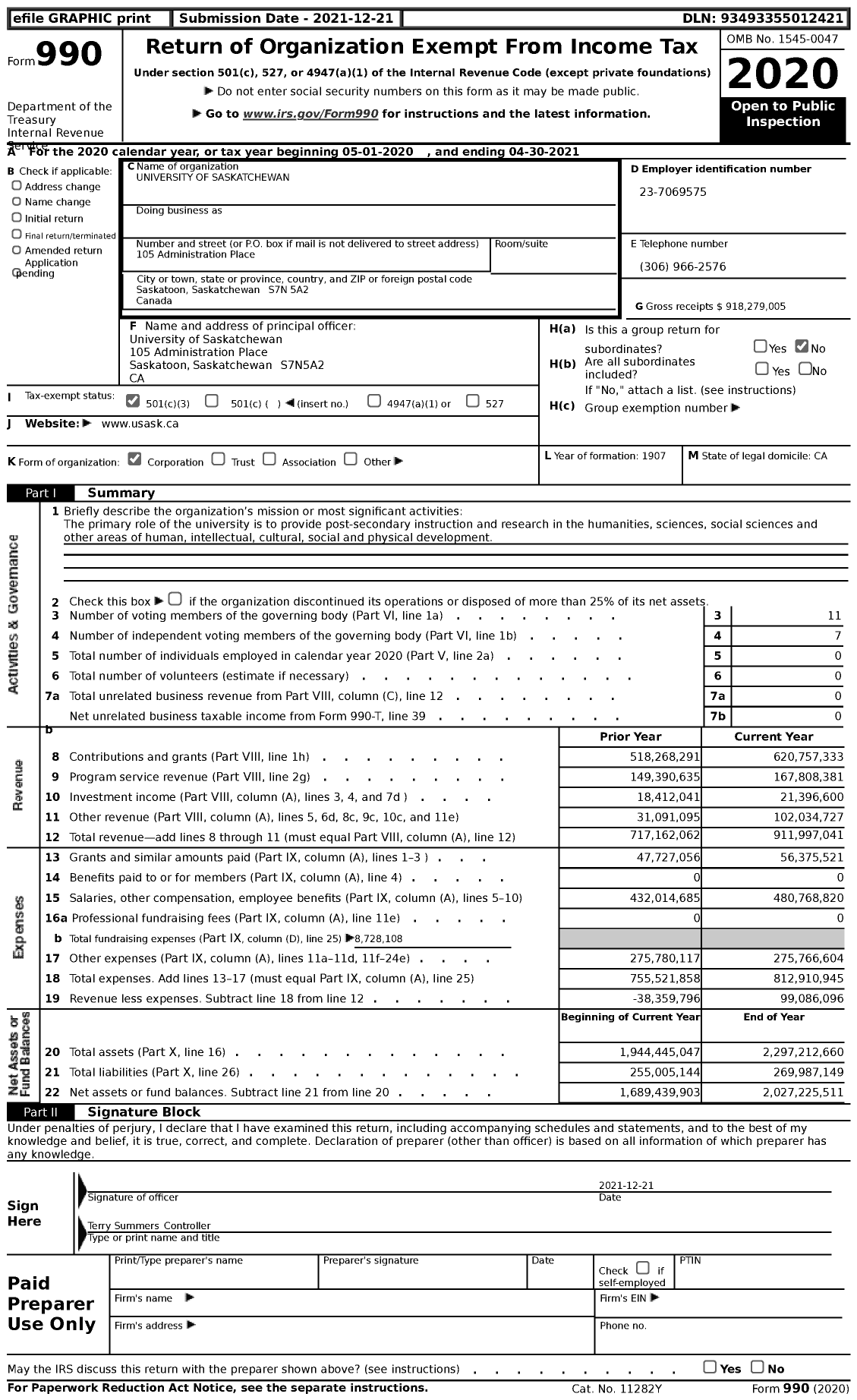 Image of first page of 2020 Form 990 for University of Saskatchewan
