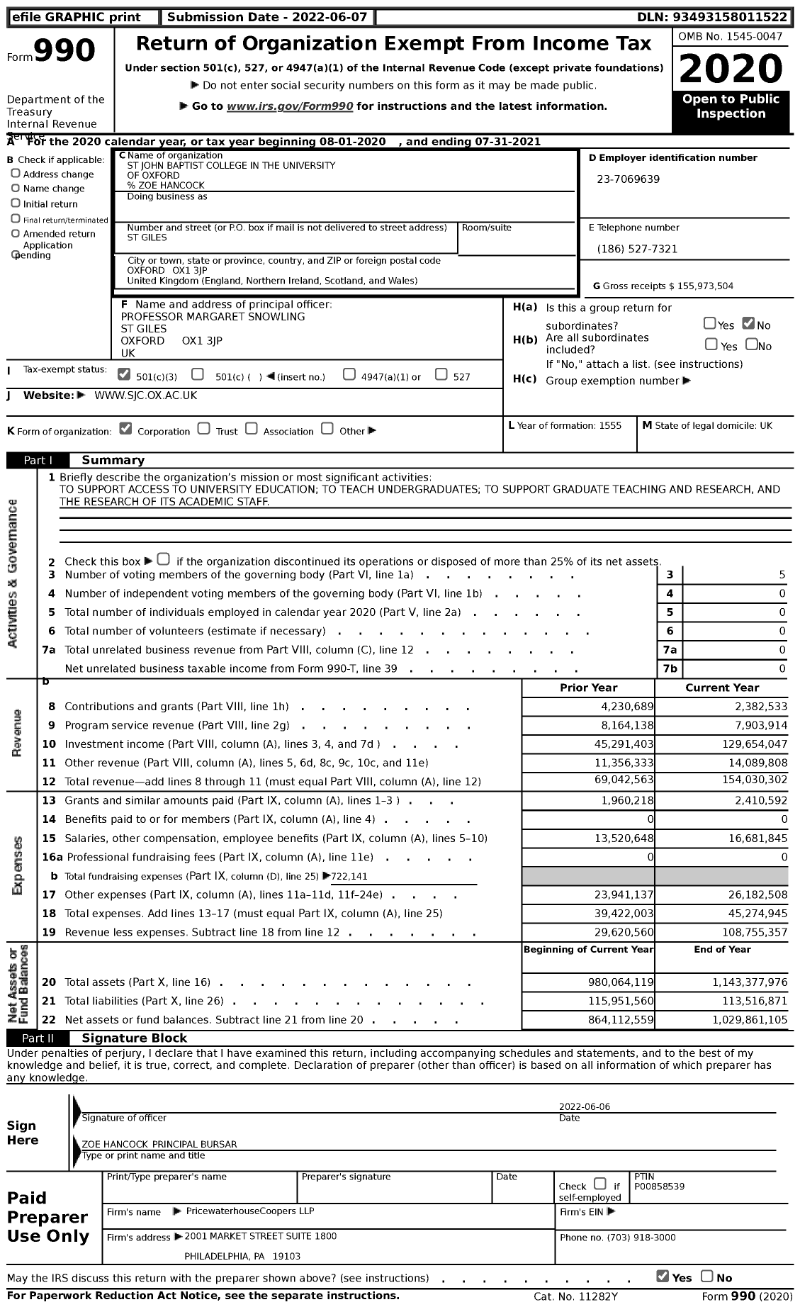 Image of first page of 2020 Form 990 for St John Baptist College in the University of Oxford