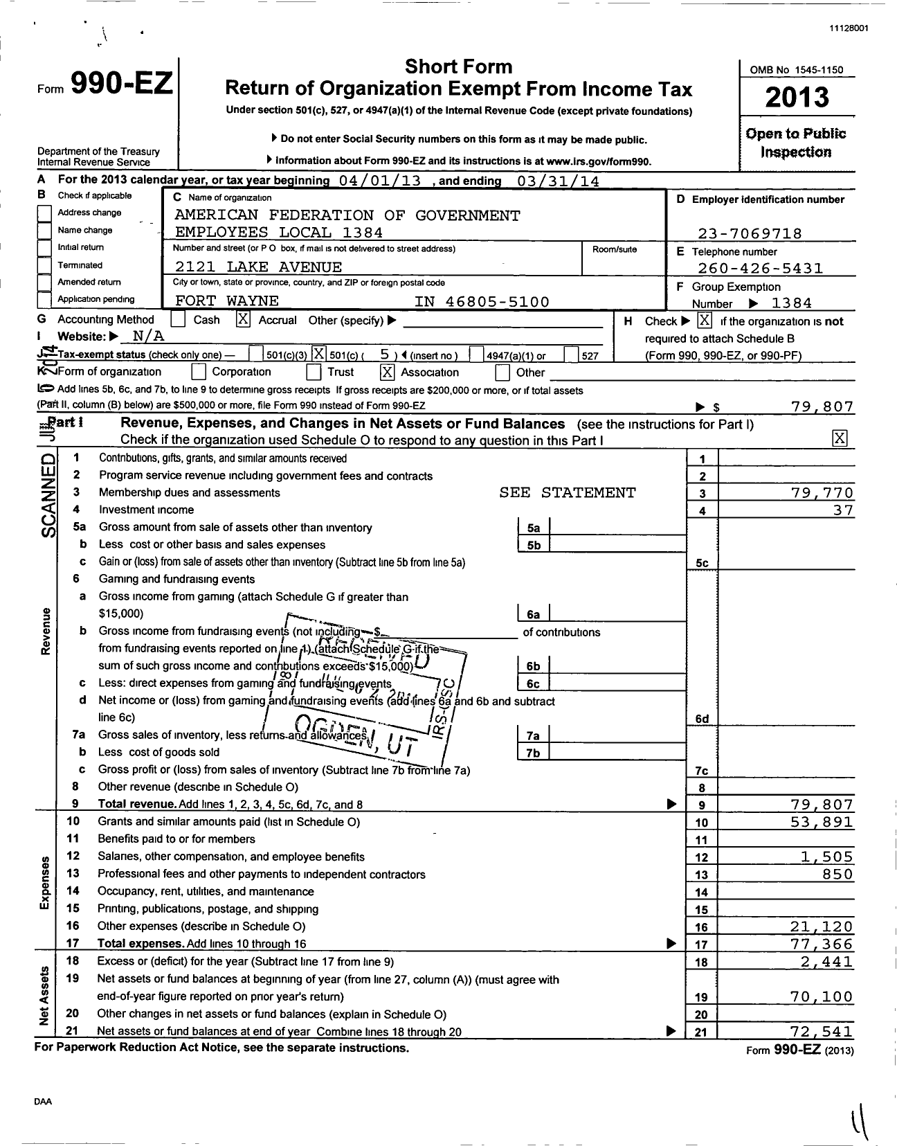 Image of first page of 2013 Form 990EO for American Federation of Government Employees - 1384 Afge-Va Local