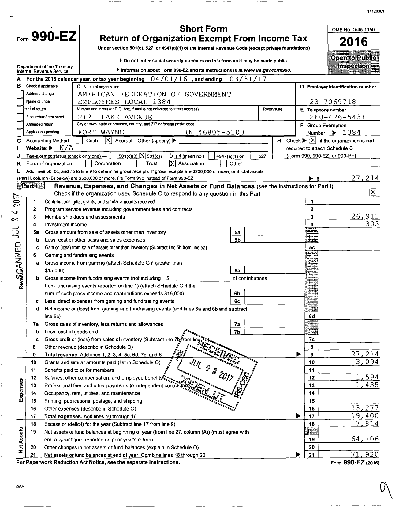 Image of first page of 2016 Form 990EO for American Federation of Government Employees - 1384 Afge-Va Local