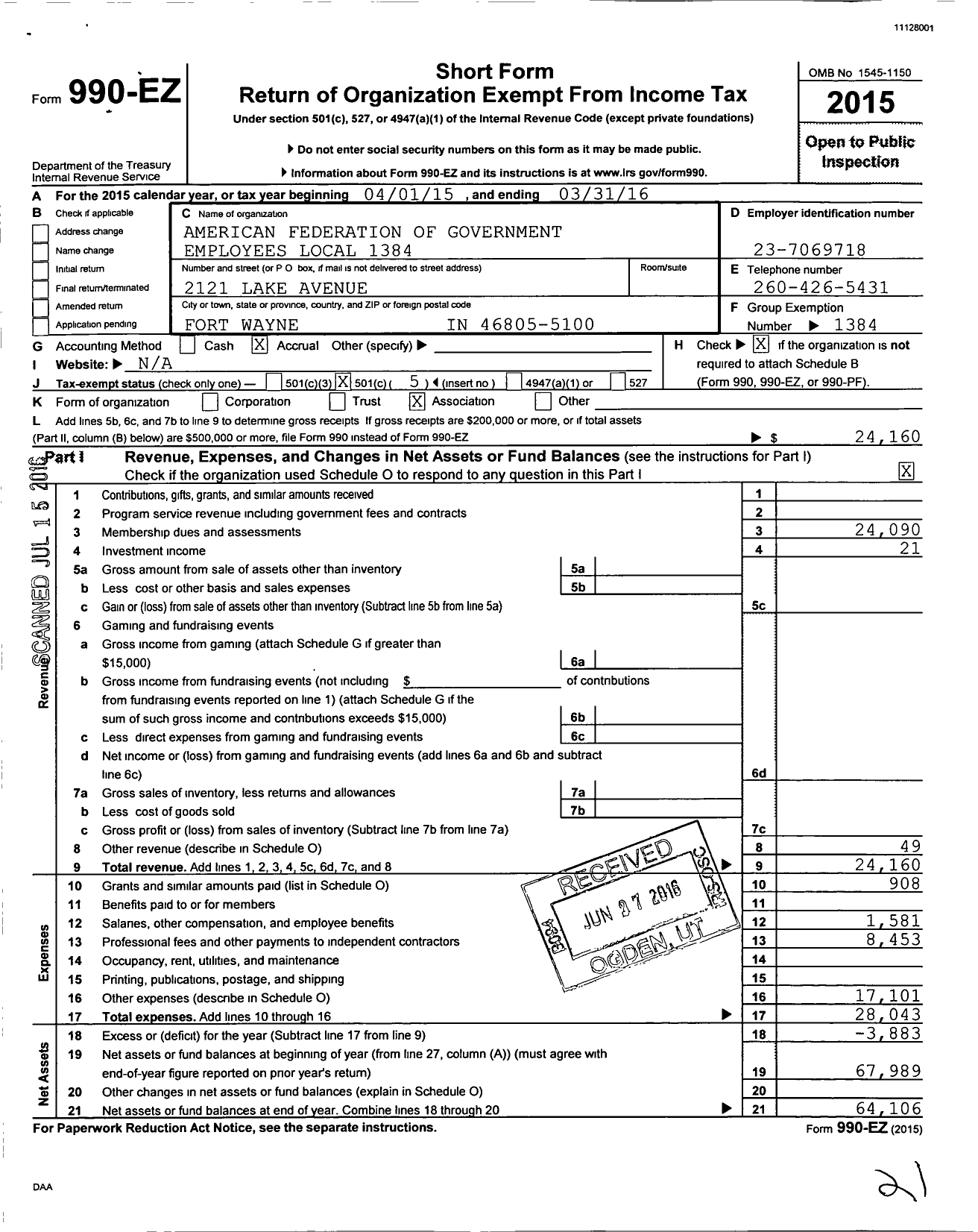 Image of first page of 2015 Form 990EO for American Federation of Government Employees - 1384 Afge-Va Local