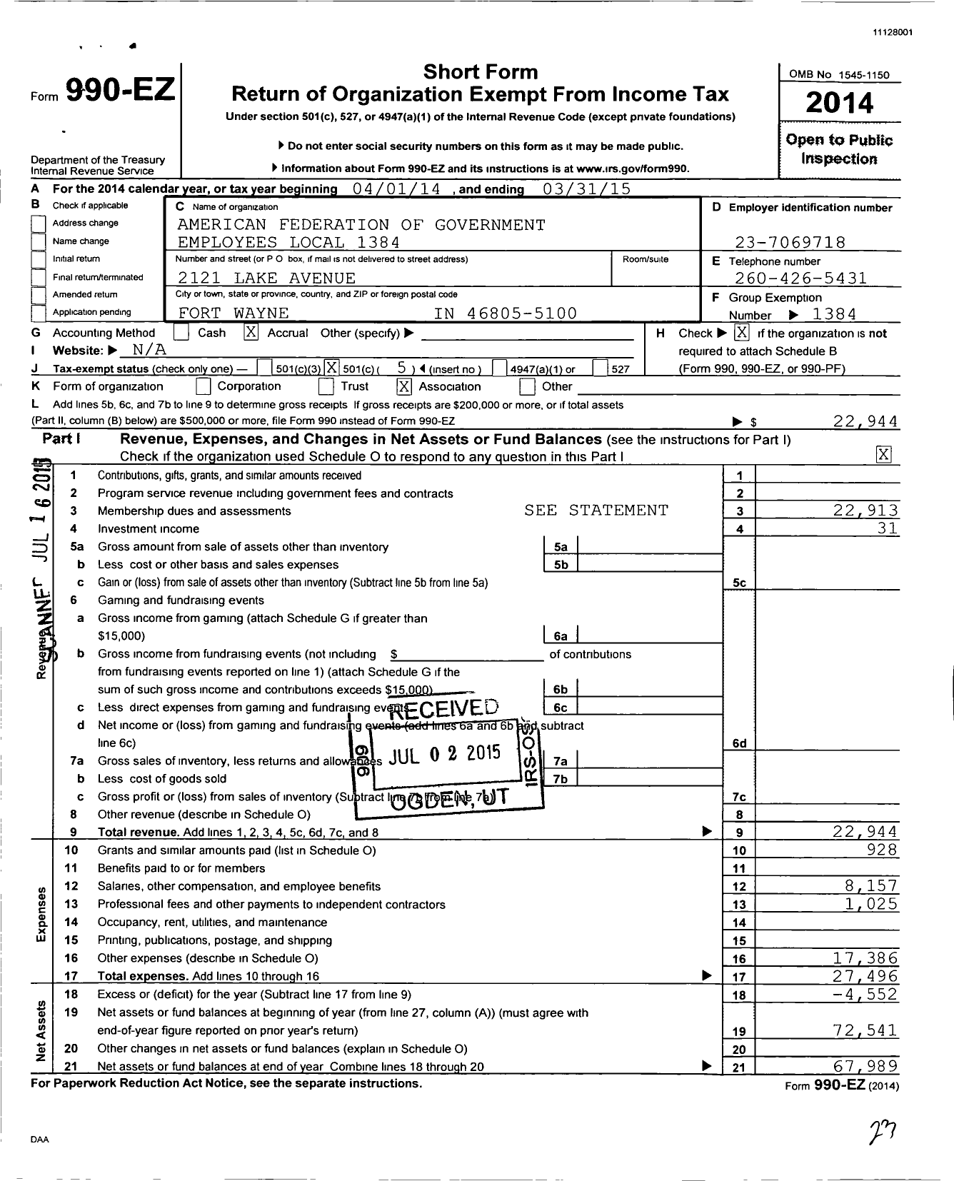 Image of first page of 2014 Form 990EO for American Federation of Government Employees - 1384 Afge-Va Local