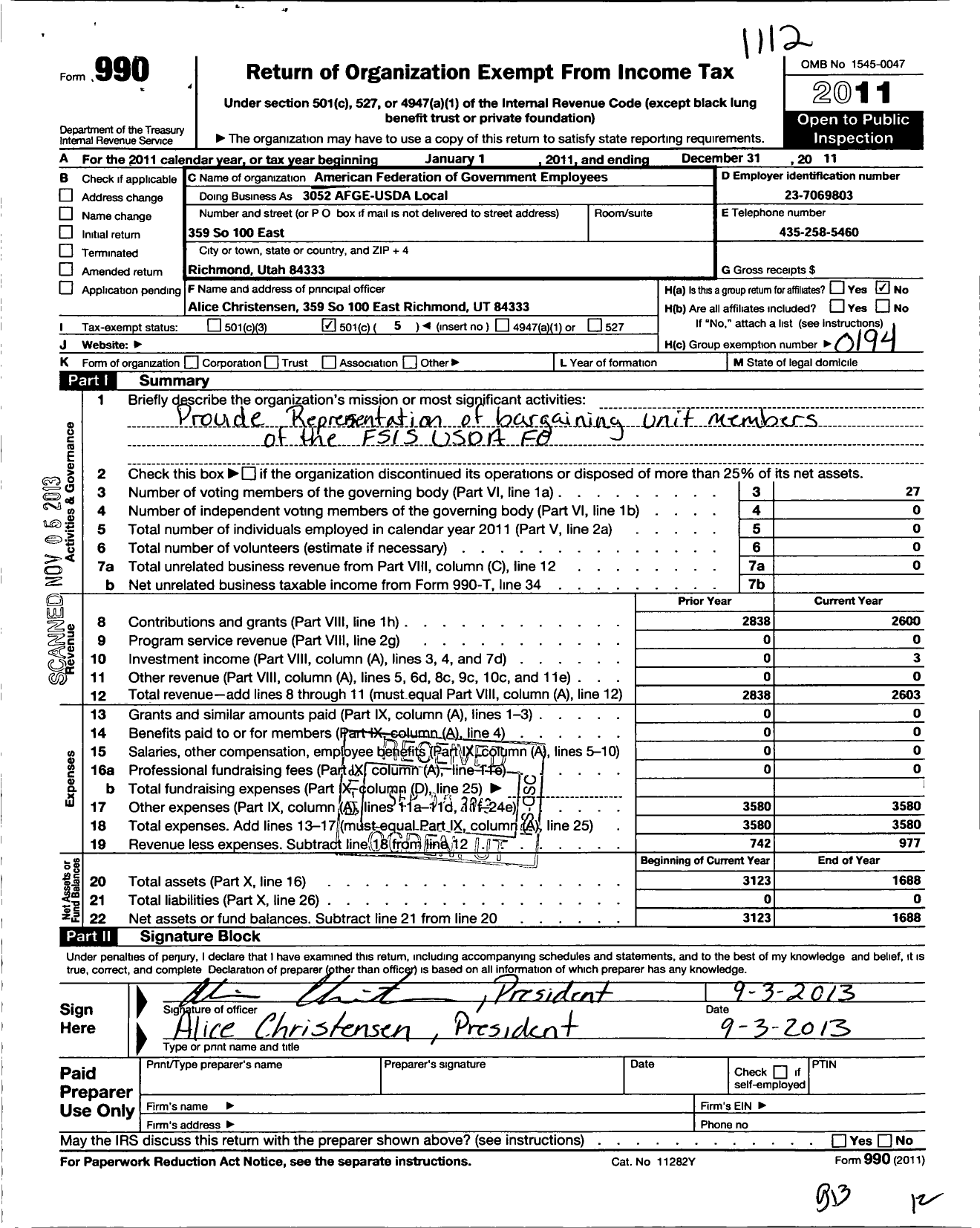 Image of first page of 2011 Form 990O for American Federation of Government Employees - 3052 Afge-Usda Local