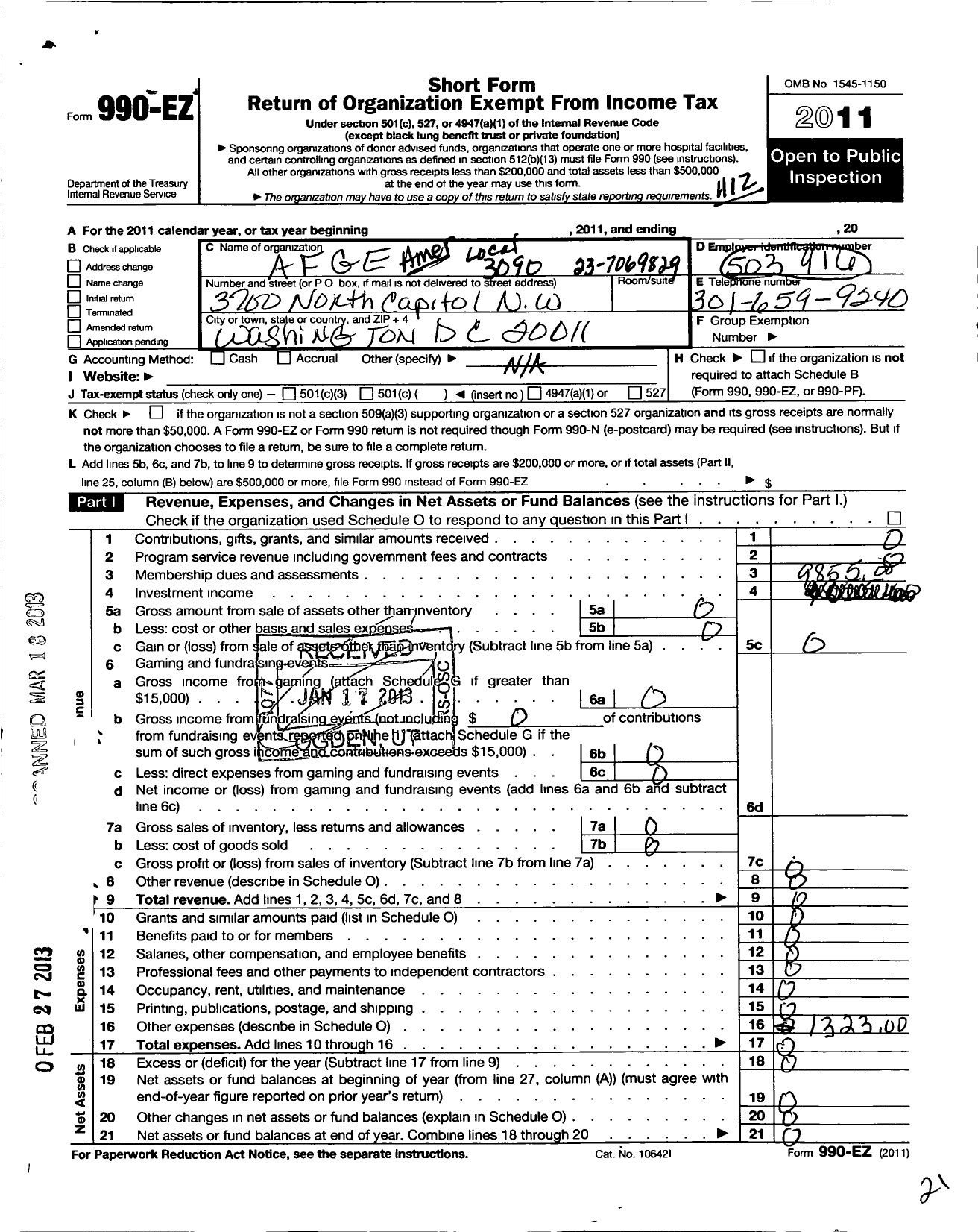 Image of first page of 2011 Form 990EO for American Federation of Government Employees - 3090 Afge-Dod Local