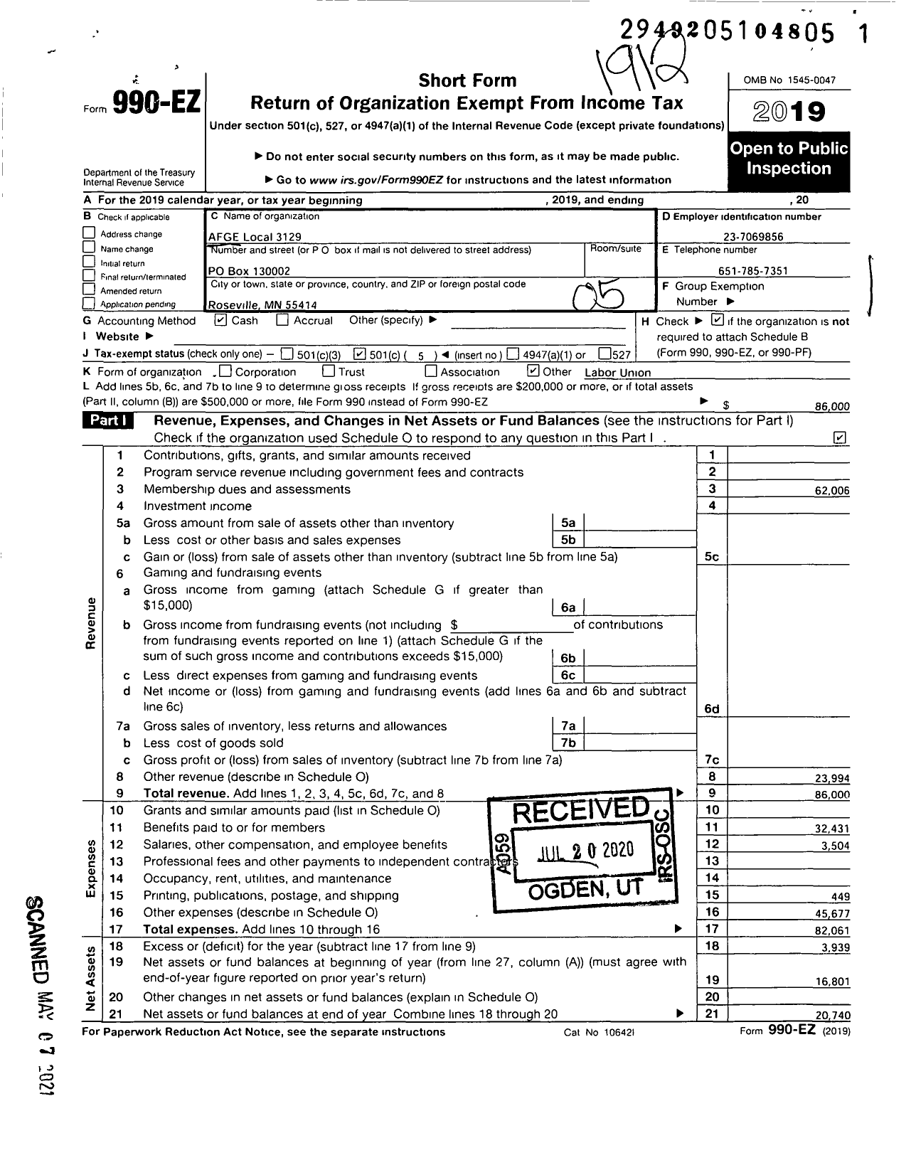 Image of first page of 2019 Form 990EO for AMERICAN FEDERATION OF GOVERNMENT EMPLOYEES - 3129 AFGE Local