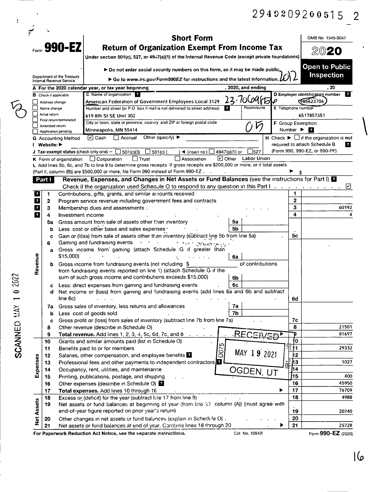 Image of first page of 2020 Form 990EO for AMERICAN FEDERATION OF GOVERNMENT EMPLOYEES - 3129 AFGE Local