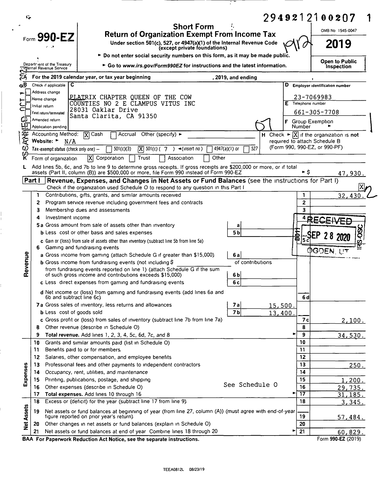 Image of first page of 2019 Form 990EO for Platrix Chapter Queen of the Cow Counties No 2 E Clampus Vitus