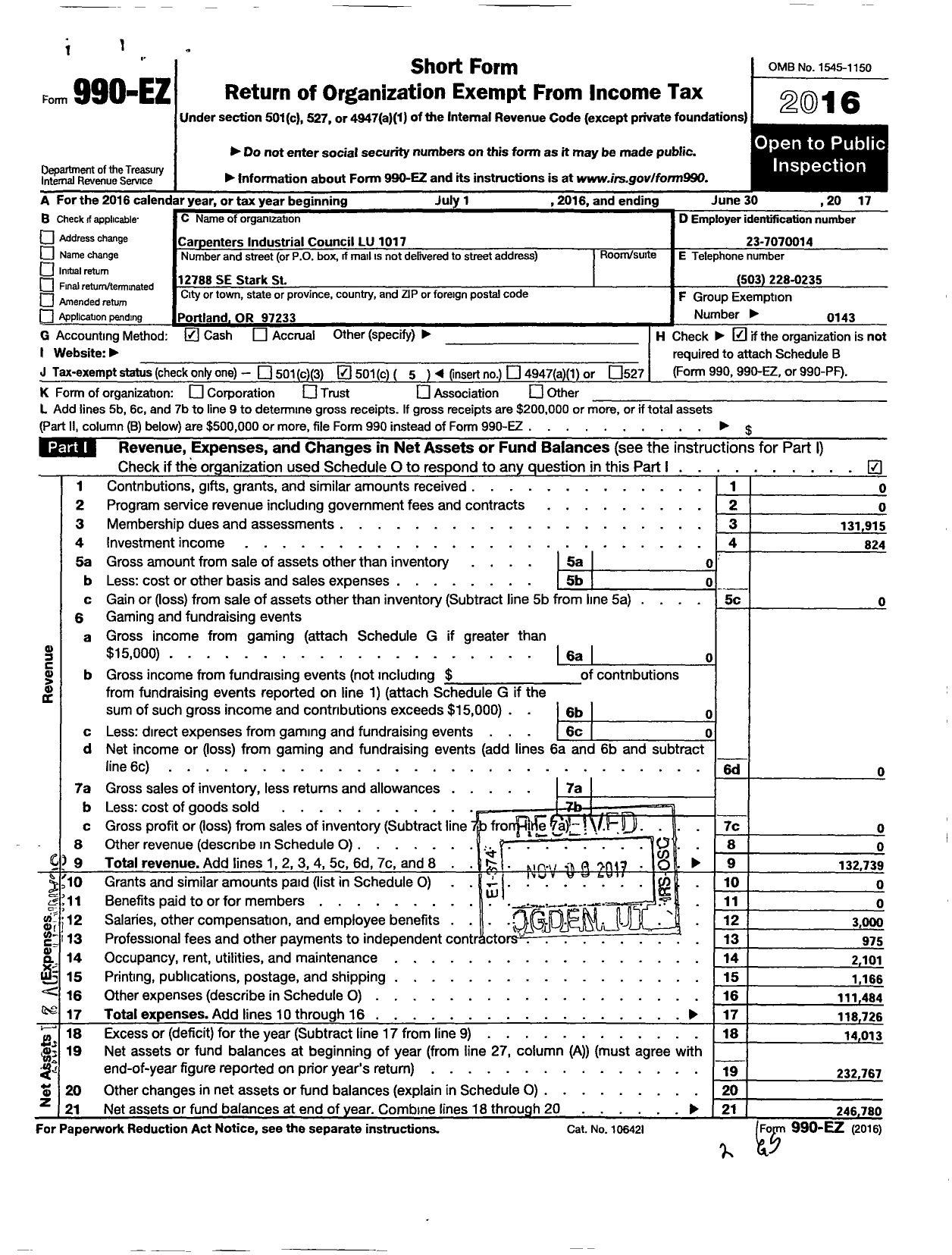 Image of first page of 2016 Form 990EO for United Brotherhood of Carpenters and Joiners of America