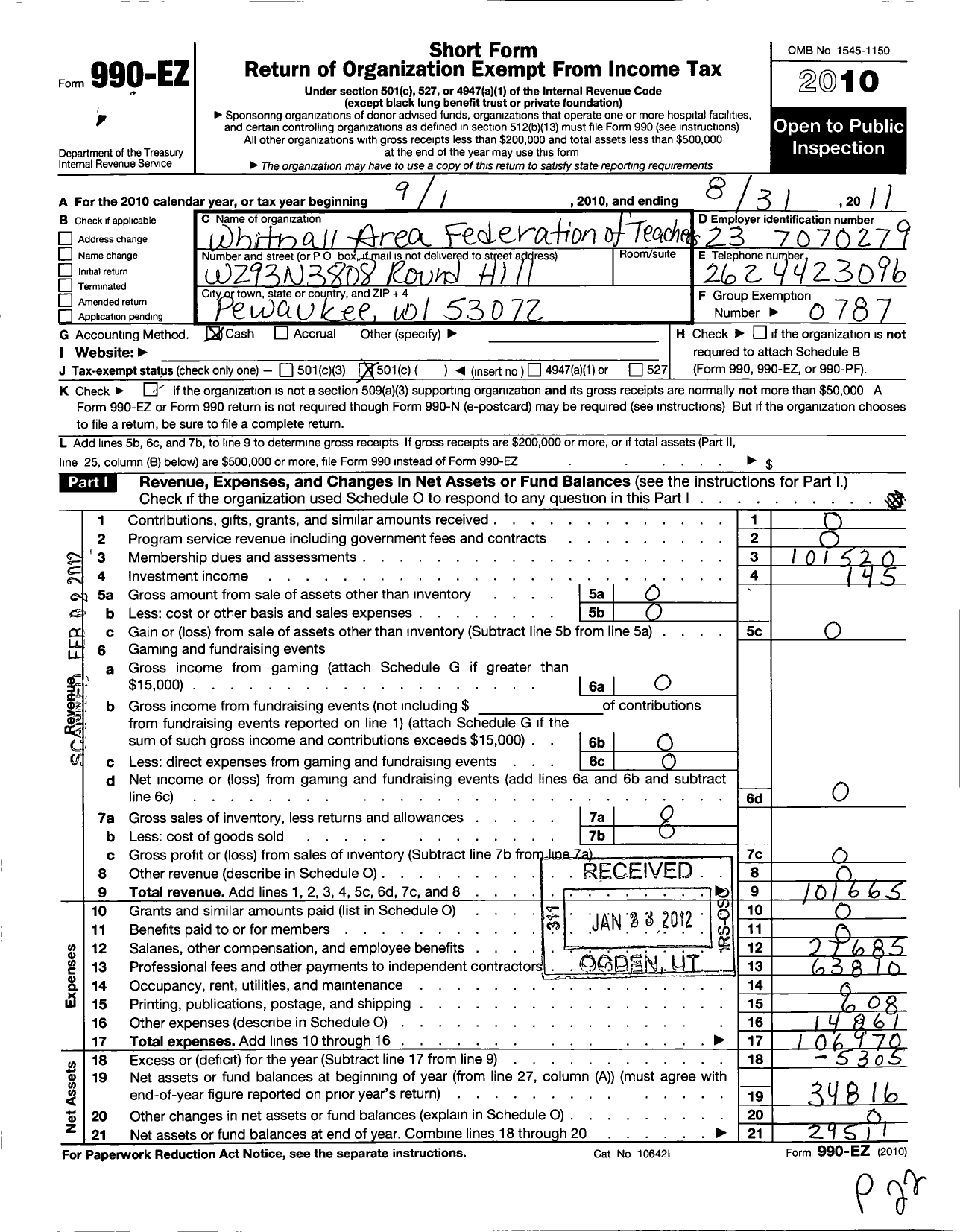 Image of first page of 2010 Form 990EO for AMERICAN Federation of TEACHERS - 3307 Whitnall Area Federation of Te