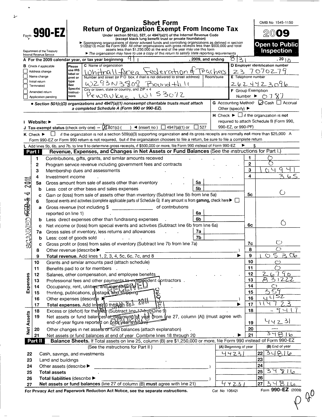 Image of first page of 2009 Form 990EO for AMERICAN Federation of TEACHERS - 3307 Whitnall Area Federation of Te