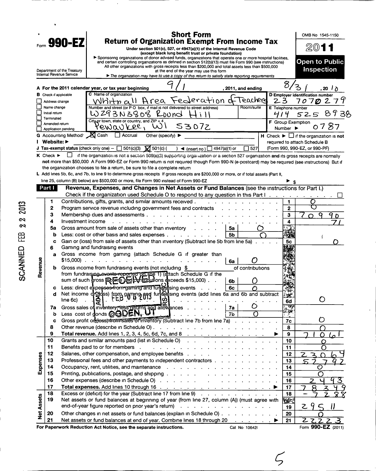 Image of first page of 2009 Form 990EZ for AMERICAN Federation of TEACHERS - 3307 Whitnall Area Federation of Te