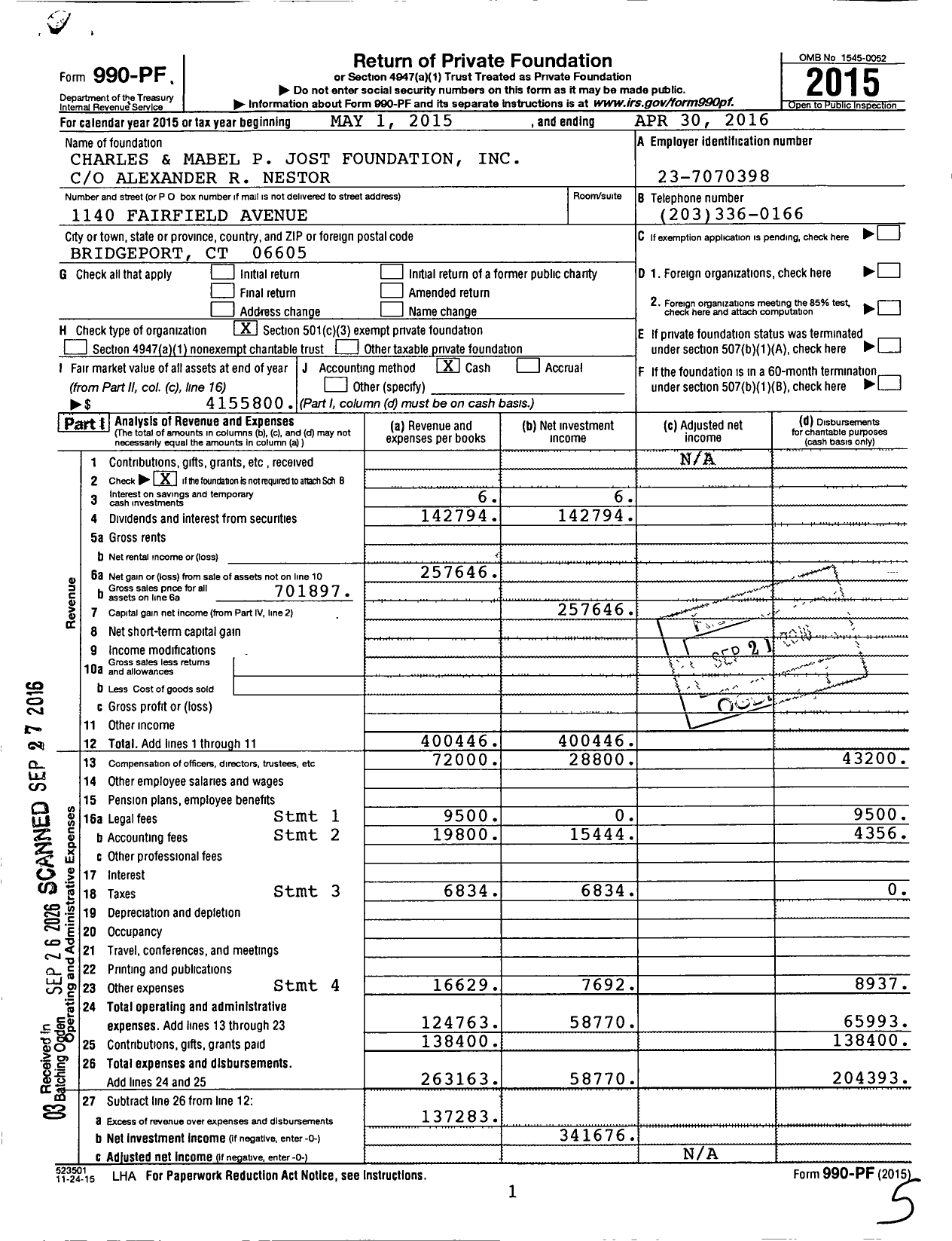 Image of first page of 2015 Form 990PF for Charles and Mabel P Jost Foundation
