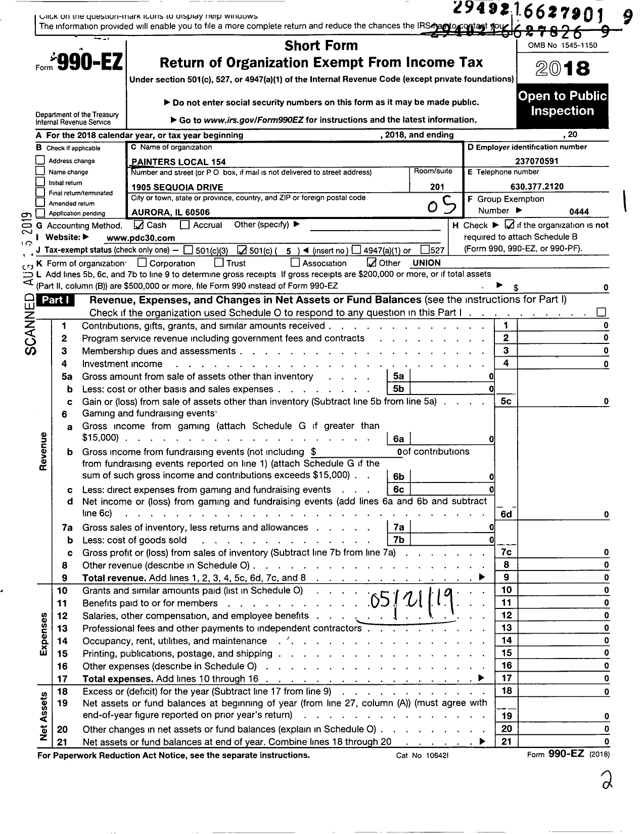 Image of first page of 2018 Form 990EO for International Union of Painters and Allied Trades - 154 Painters Local Union