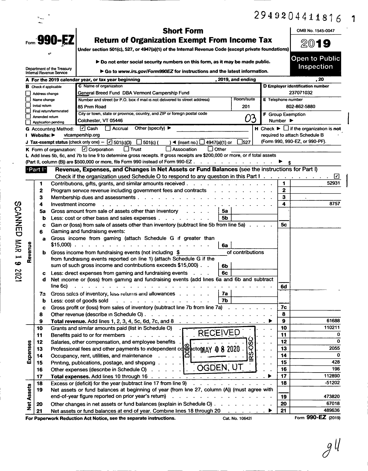 Image of first page of 2019 Form 990EZ for Vermont Campership Fund