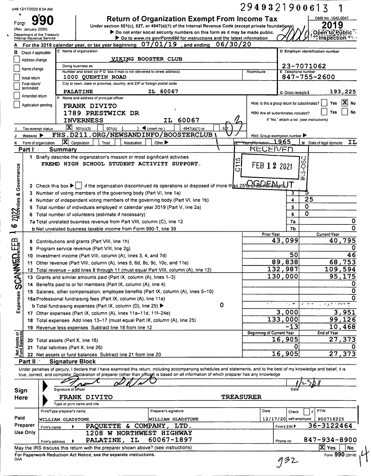 Image of first page of 2019 Form 990 for Viking Booster Club