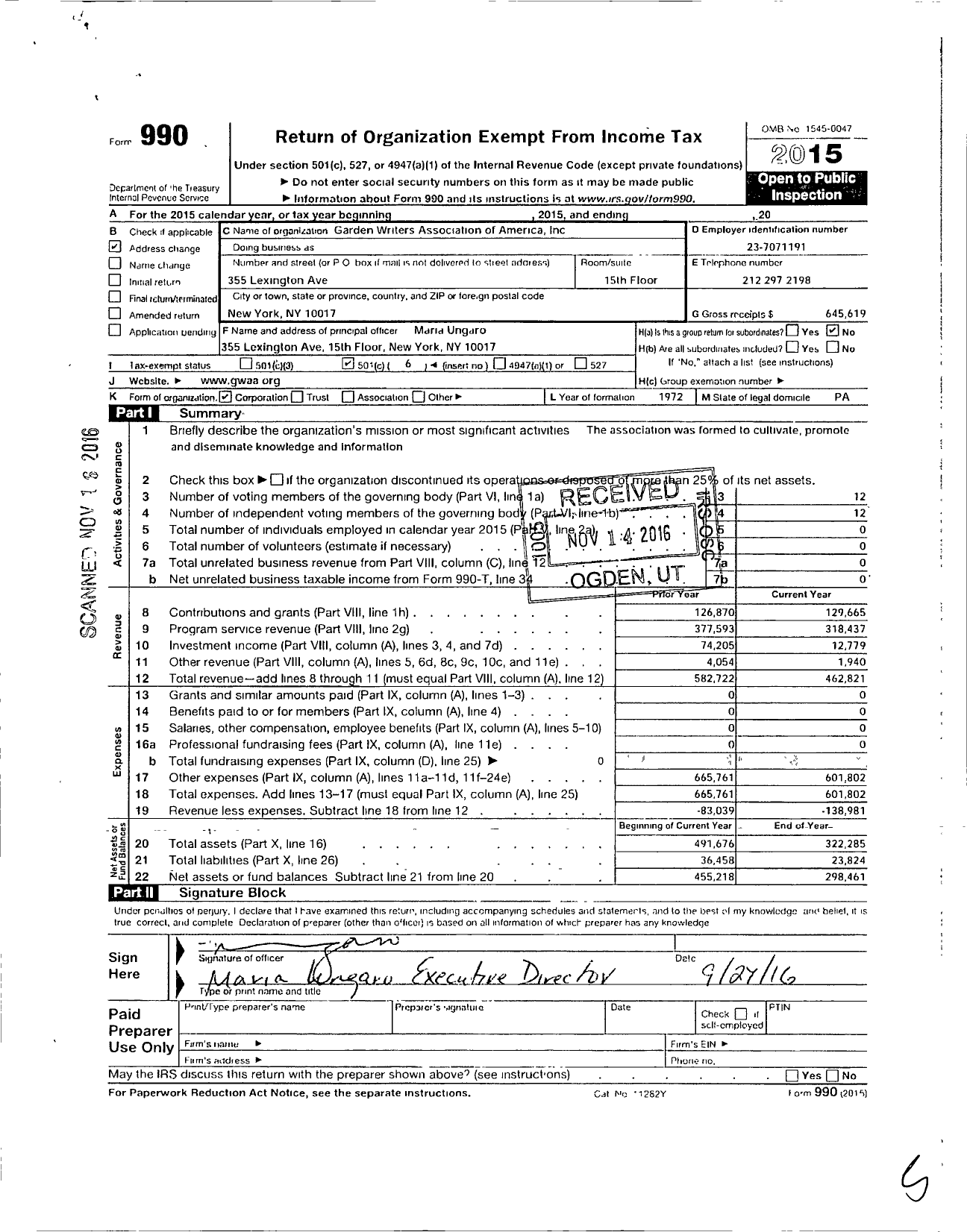 Image of first page of 2015 Form 990O for Gwa the Association for Garden Communicators