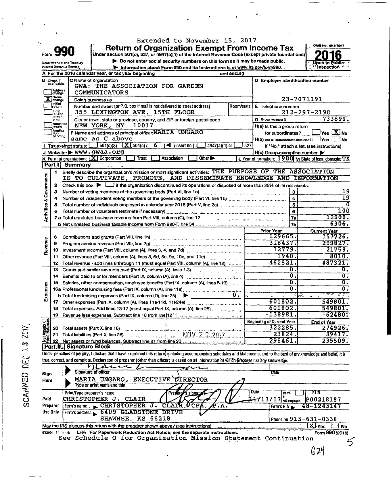 Image of first page of 2016 Form 990O for Gwa the Association for Garden Communicators