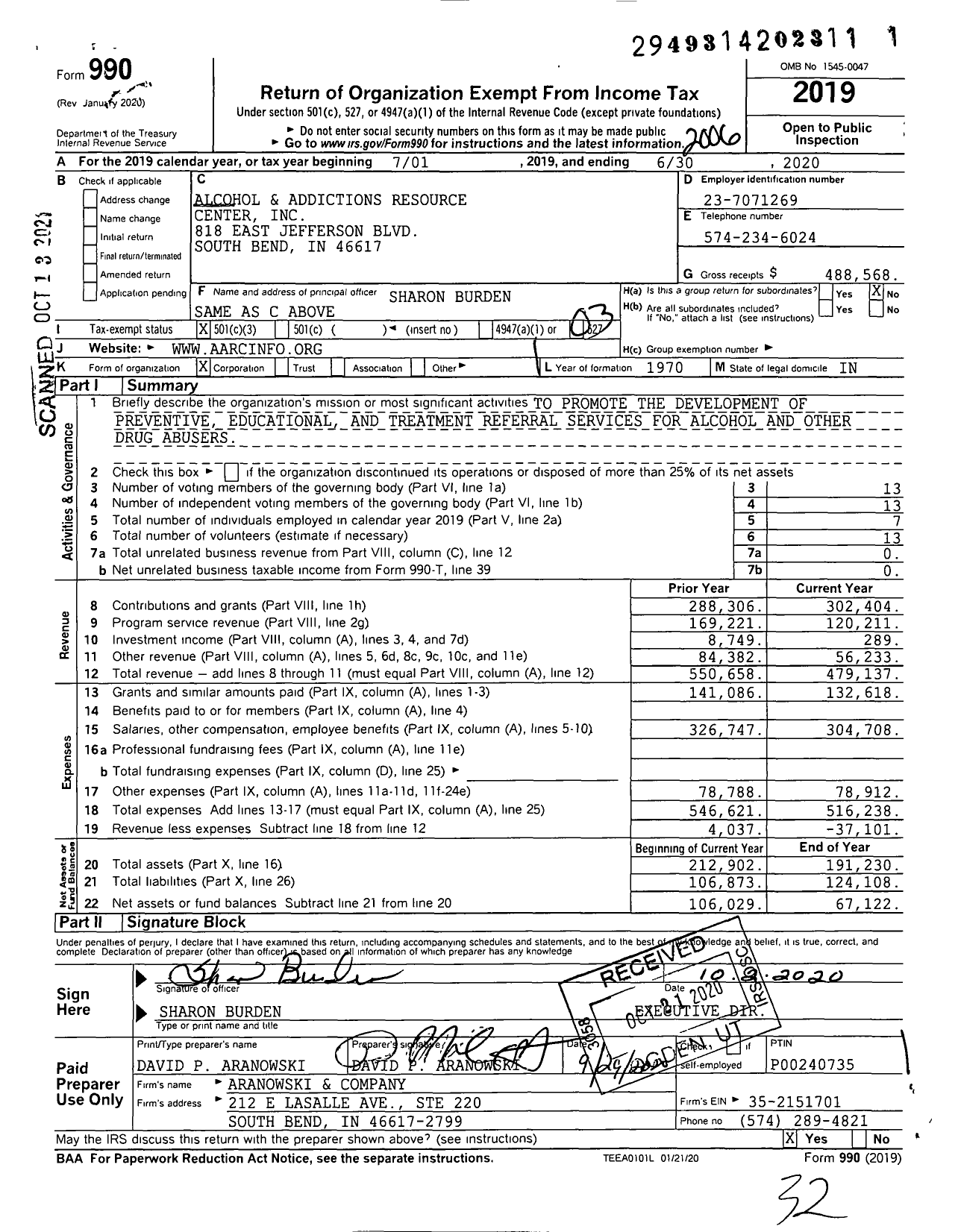 Image of first page of 2019 Form 990 for Alcohol and Addictions Resource Center