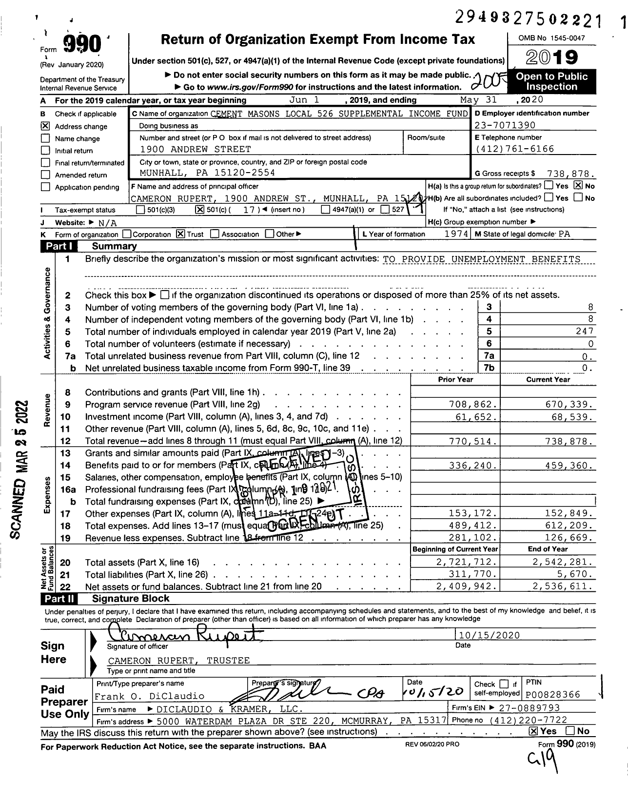 Image of first page of 2019 Form 990O for Cement Masons Local 526 Supplemental Income Fund