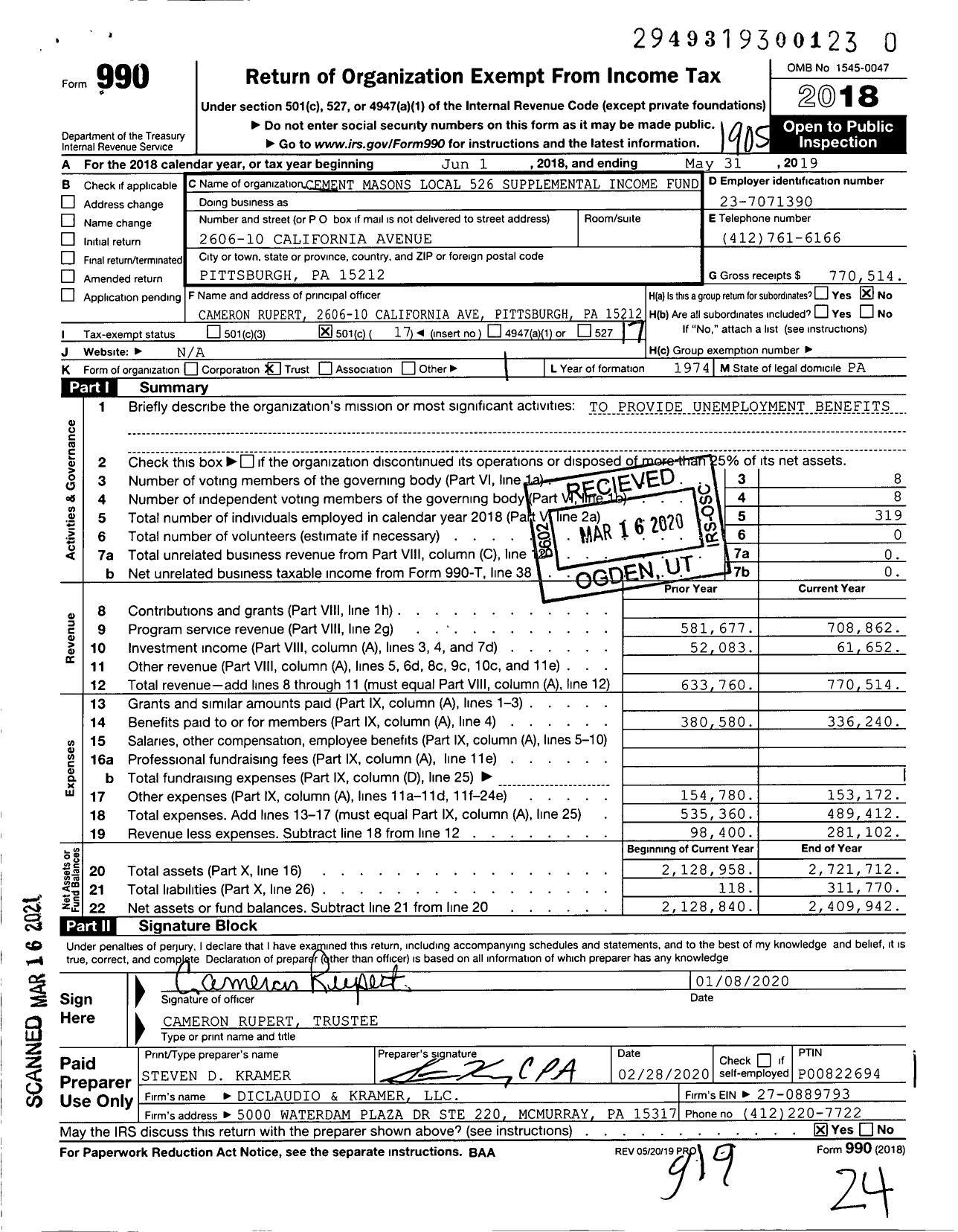 Image of first page of 2018 Form 990O for Cement Masons Local 526 Supplemental Income Fund