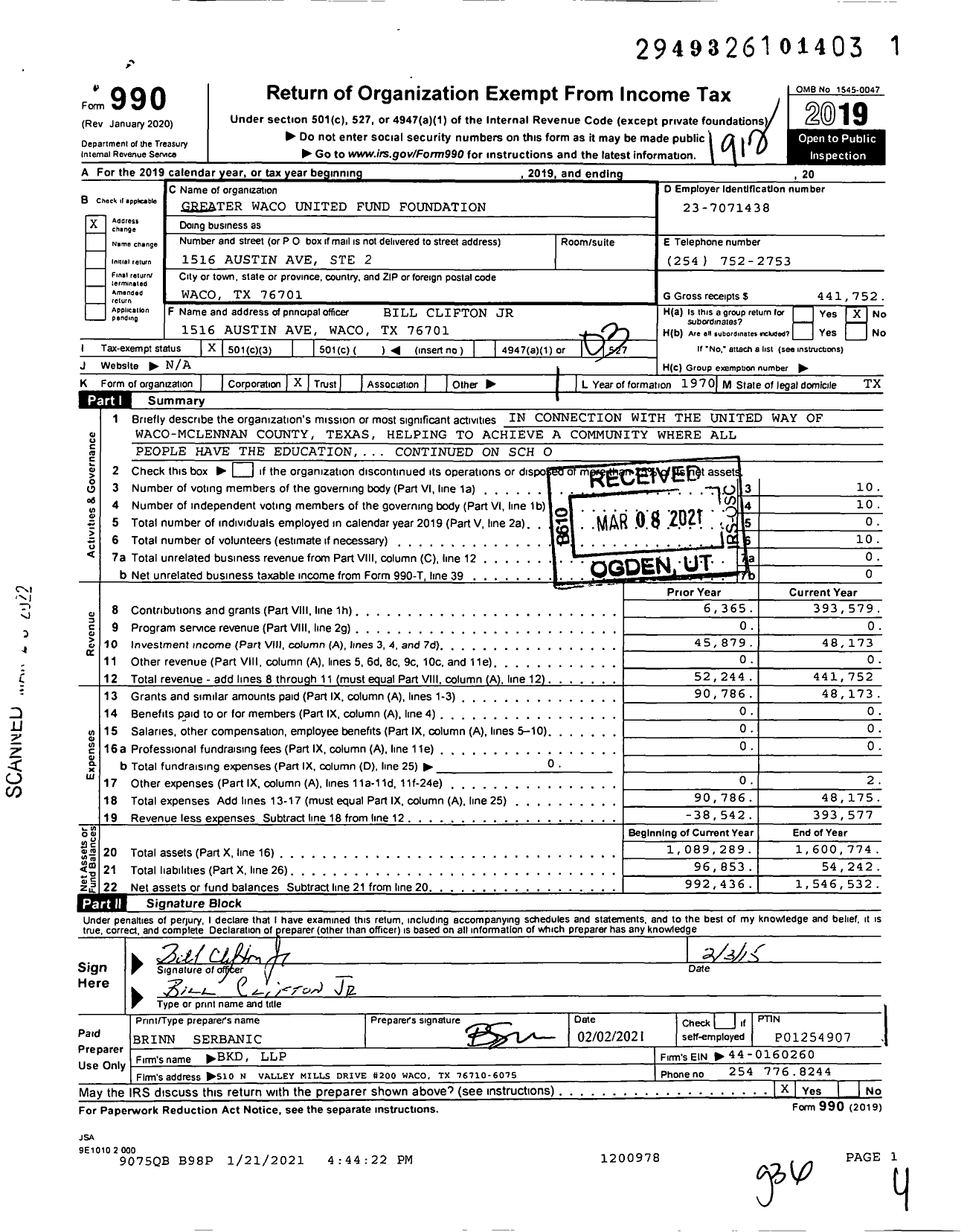 Image of first page of 2019 Form 990 for Greater Waco United Fund Foundation