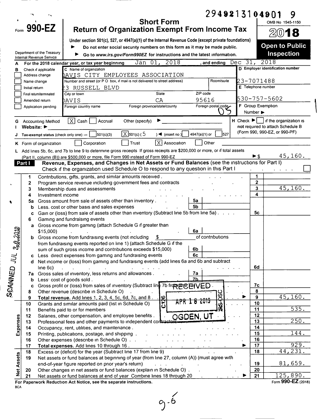 Image of first page of 2018 Form 990EO for Davis City Employees Association