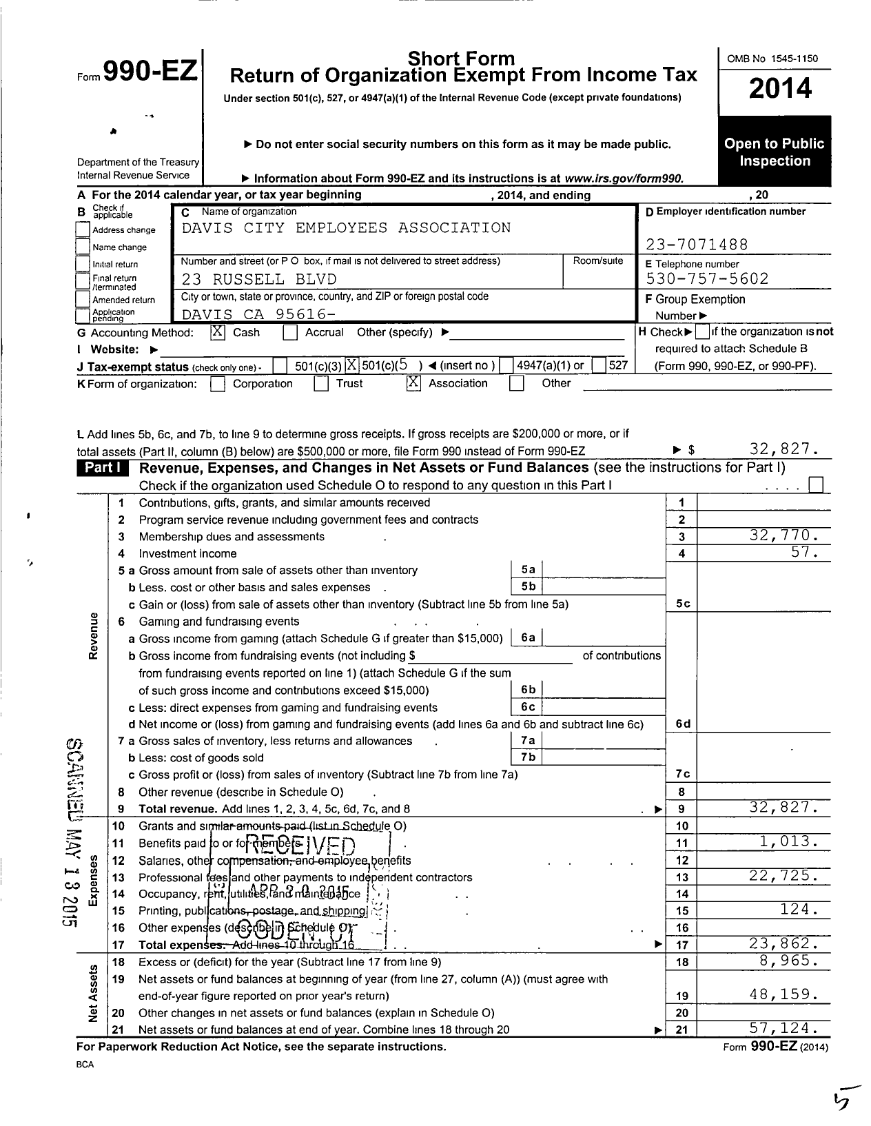 Image of first page of 2014 Form 990EO for Davis City Employees Association