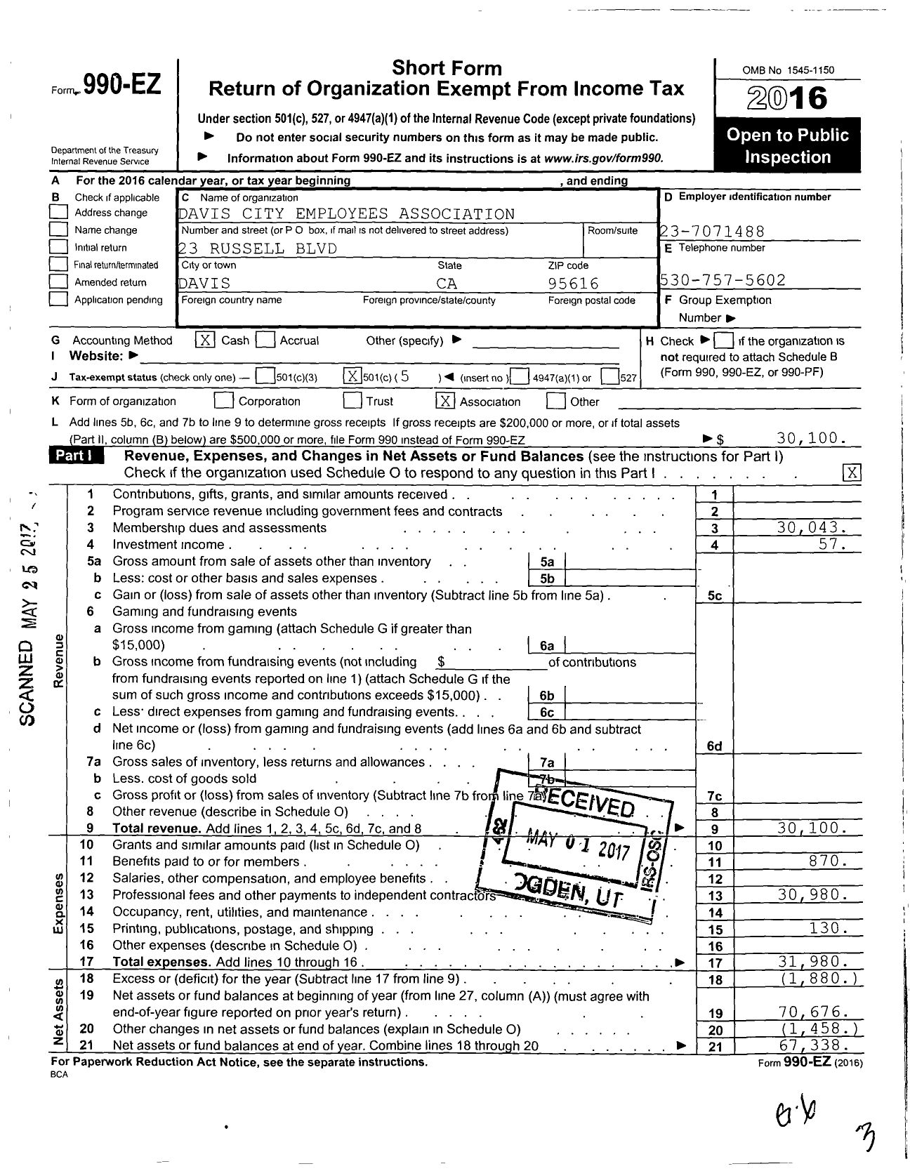 Image of first page of 2016 Form 990EO for Davis City Employees Association