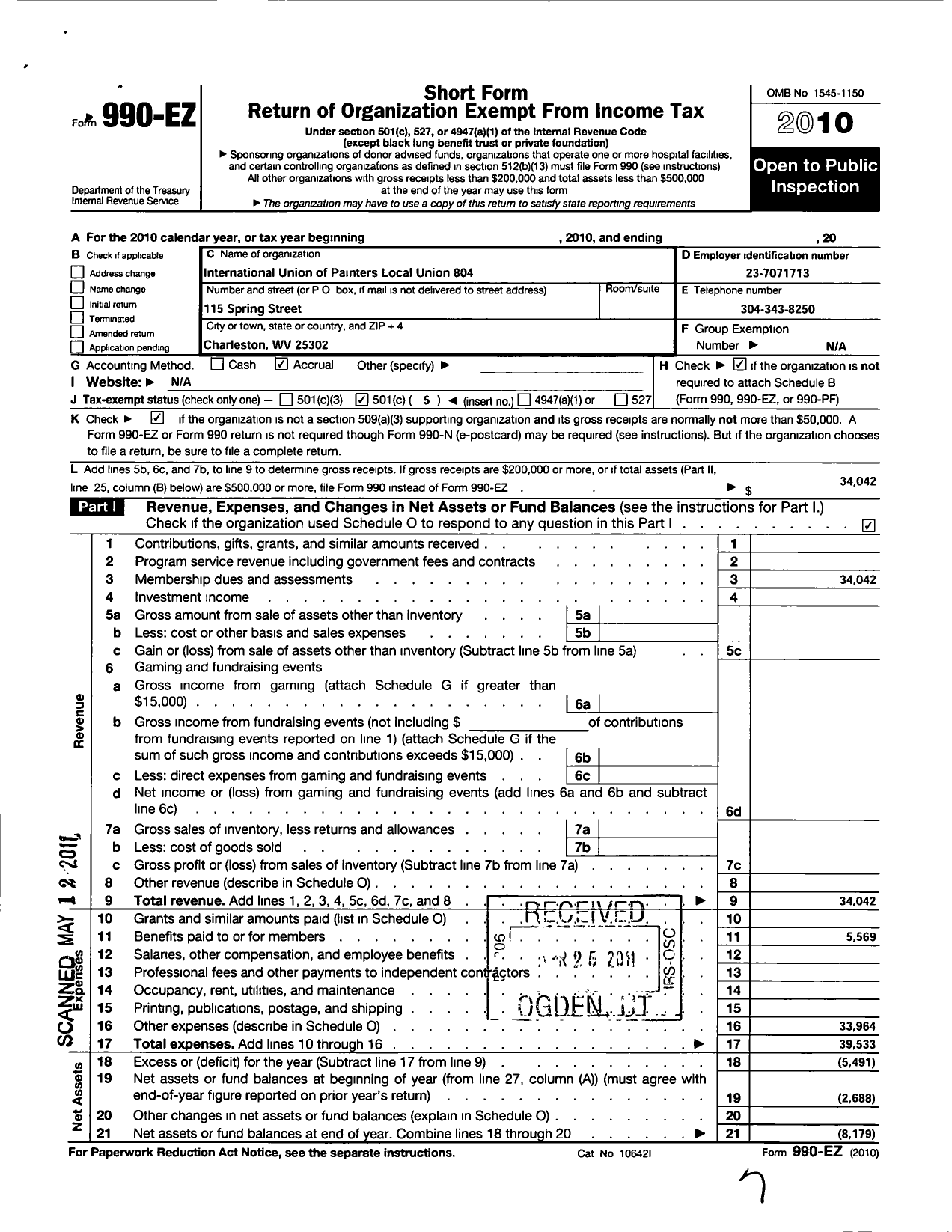 Image of first page of 2010 Form 990EO for International Union of Painters and Allied Trades - 804 Painters Local Union