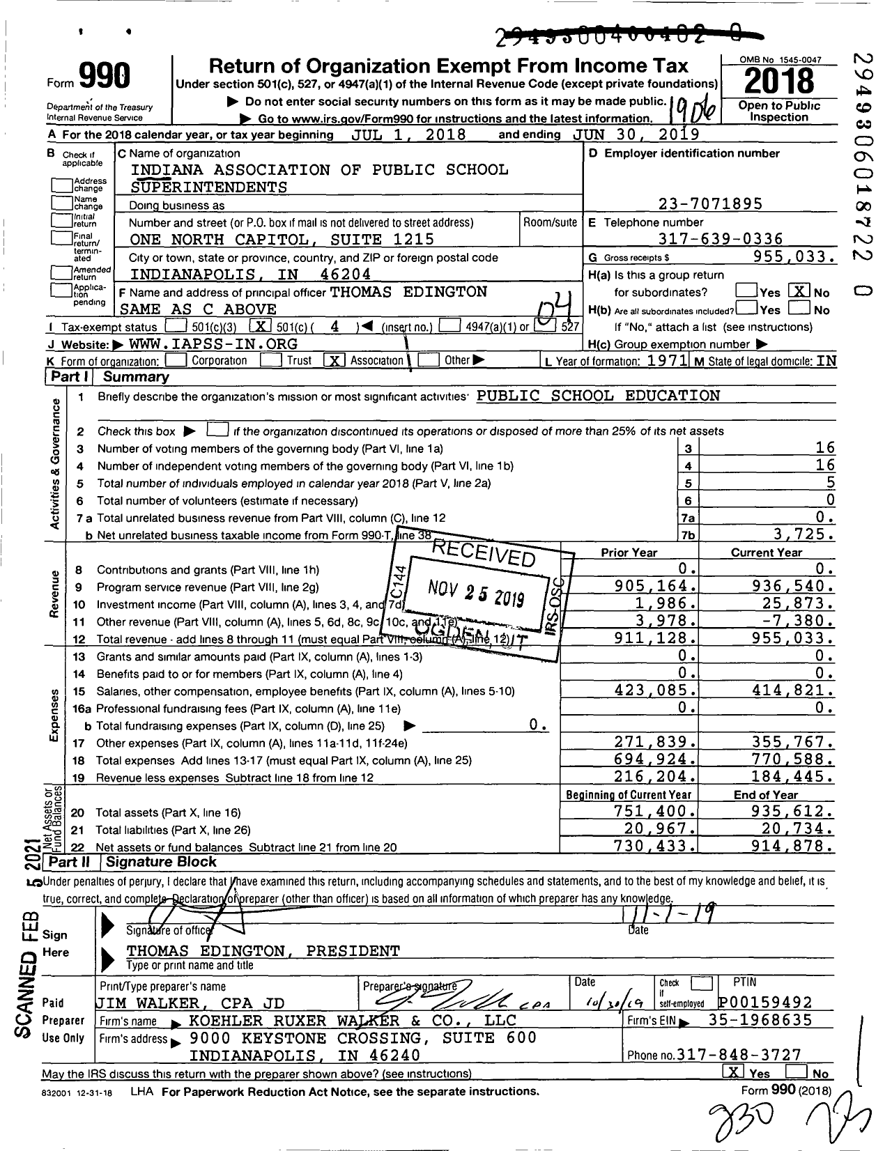 Image of first page of 2018 Form 990O for Indiana Association of Public School Superintendents